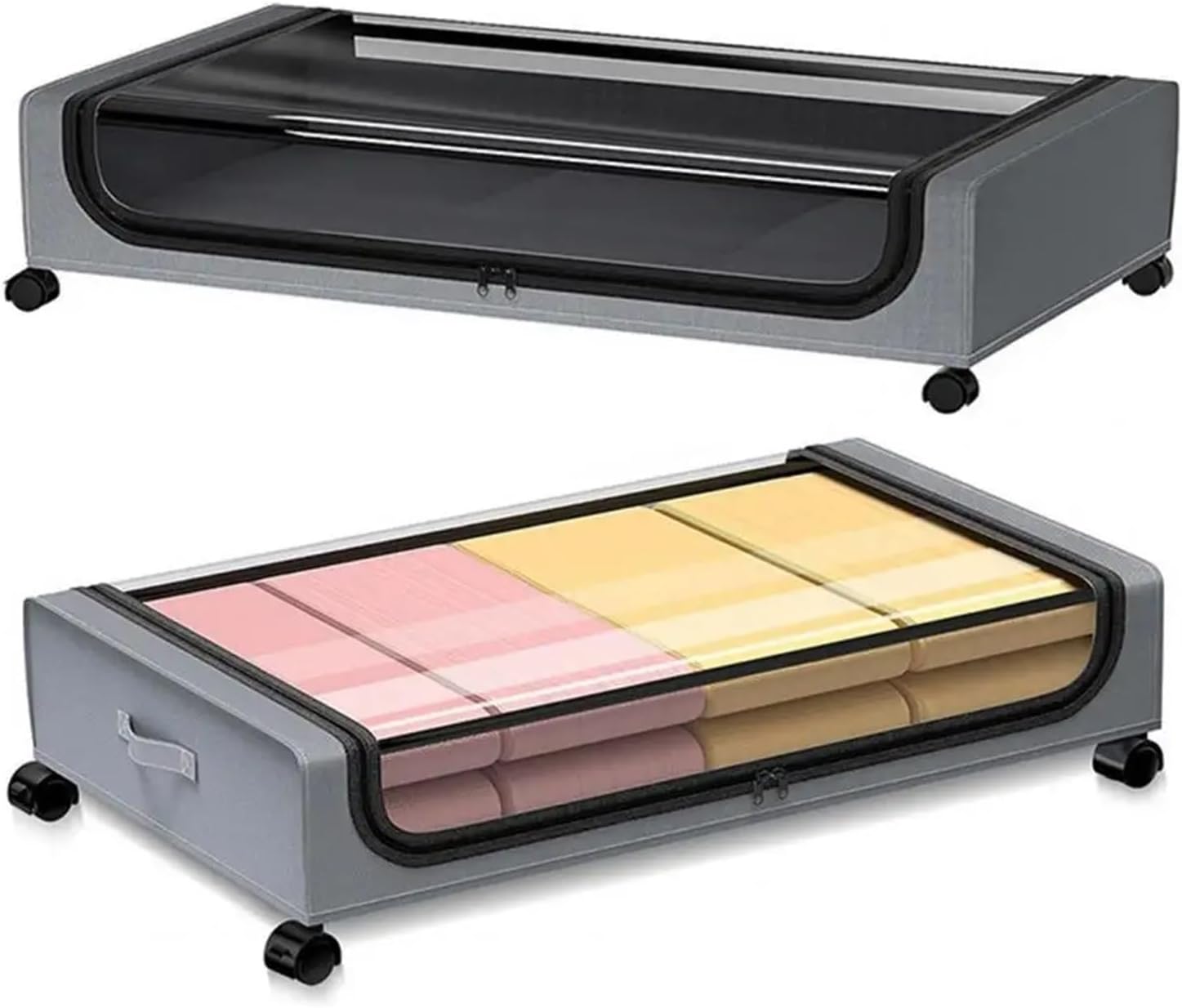 Under Bed Storage Box 2 PC Under Bed Organizer Under-Bed Storage Box with Wheels Zipper Closure for Quilts Clothes Capacity(Grey)