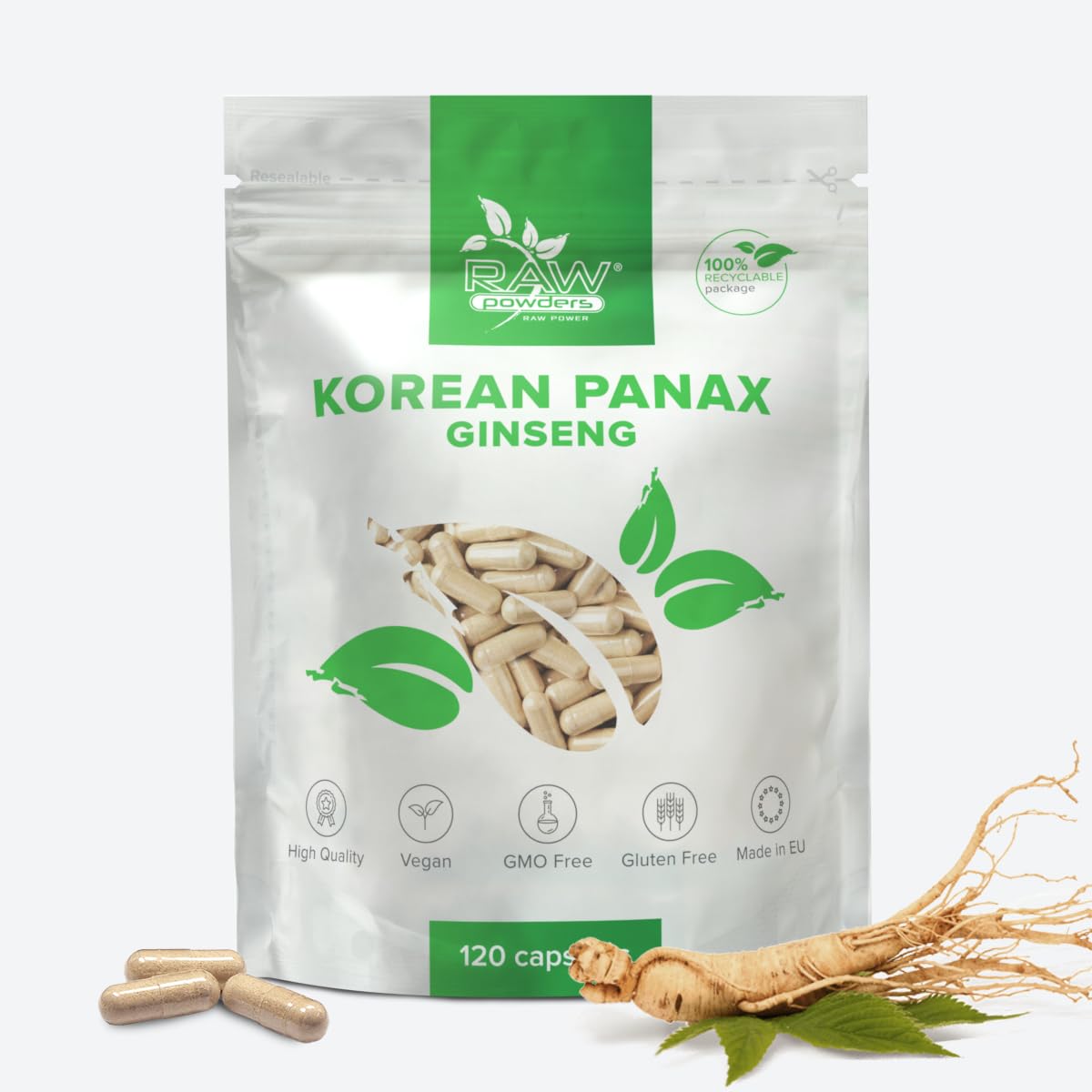 Korean Panax Ginseng 2000mg, 120 Caps – Energy & Cognitive Support – Pure Ingredients, GMO & Gluten Free – GMP Certified Herbal Supplement by Raw Powders