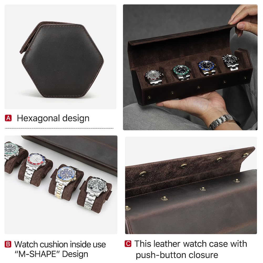 Hiram Estuche para Relojes Estuche de cuero Hexagonal para 8 Relojes, Estuche Protector de 8 Ranuras para Relojes, Organizador de Relojes para Viajar (Café)