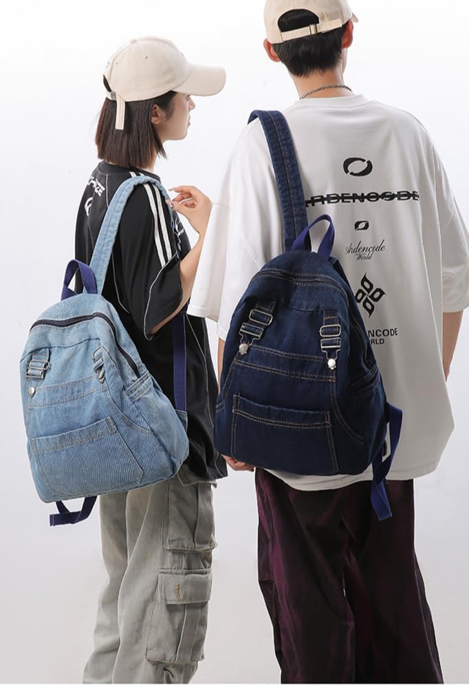 Denim Backpack for Women Men Casual Y2k Grunge Aesthetic Canvas Daypack Lightweight Rucksack Durable Jeans Bag (Light Blue)