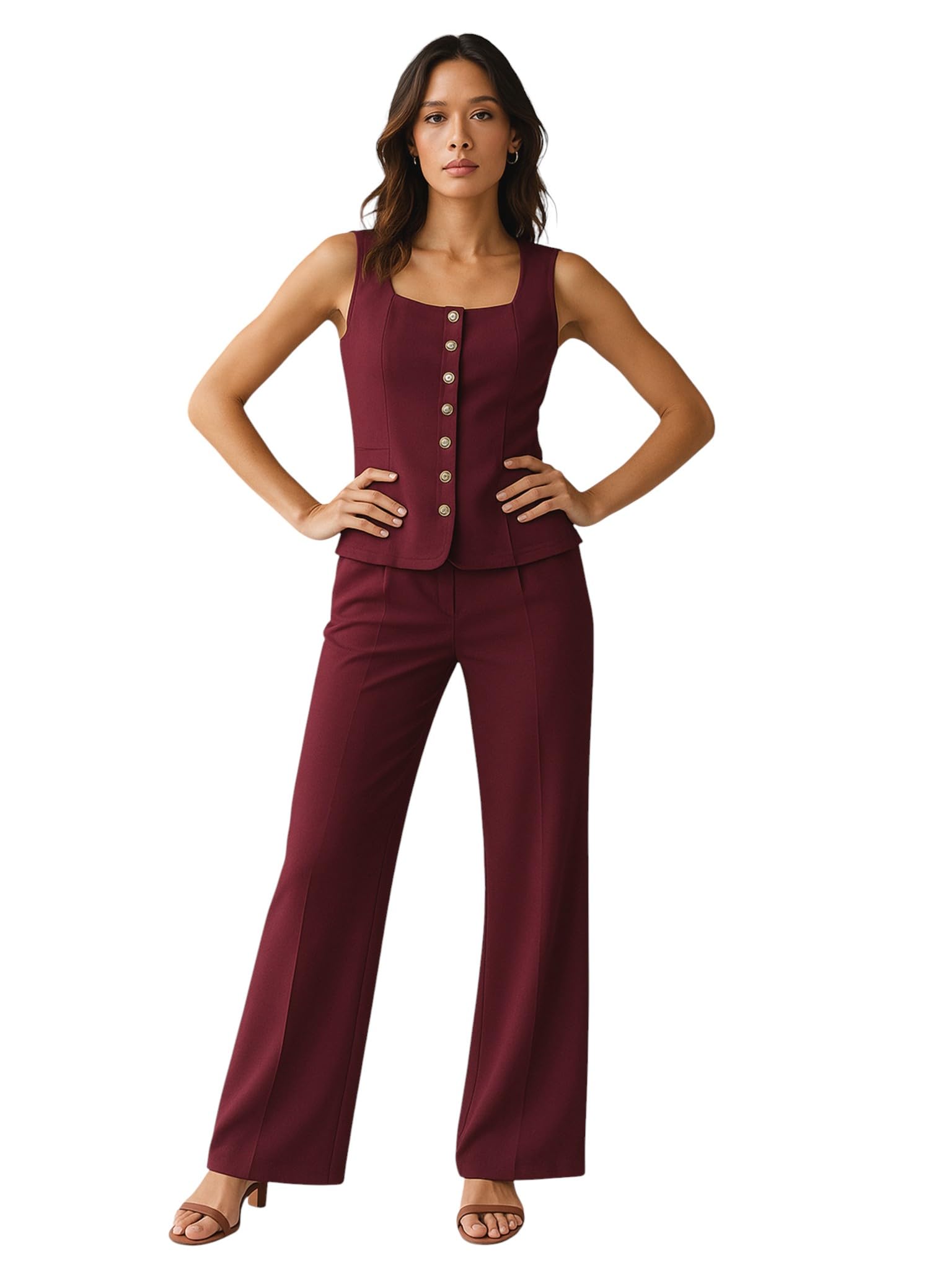 sassafras worklyf Women's Rhombus Neck Top with Cross Pocket Pants-picture-34