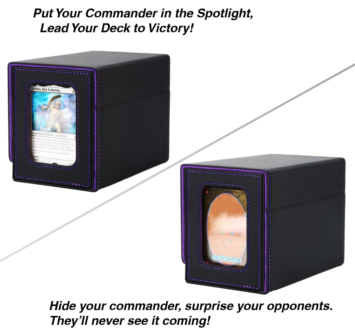 Venssu MTG Deck Box for Commander or Prime Card Display with Dice Tray,Card Deck Box Fits 200 Single Sleeved Cards, TCG Card Storage Box with 2 Dividers and 1 magnetic card holder (Black?Purple)