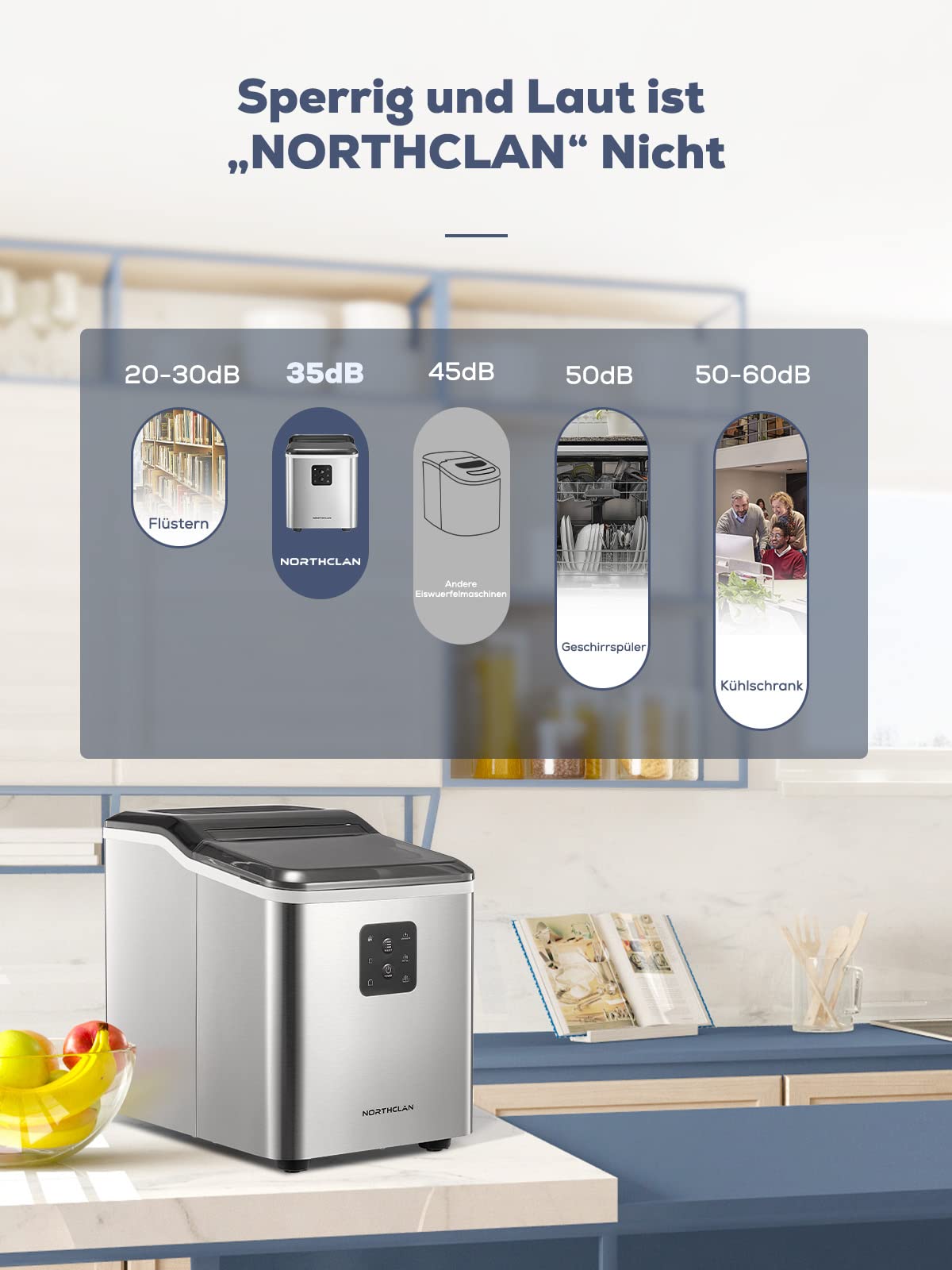 Edelstahl Eiswürfelmaschine mit 2 Eiswürfelgrößen, 14 kg 24 St, Selbstreinigung, 9 Eiswürfel in 6 Minuten, LED-Anzeige, 2L Wassertank, Ice Maker mit Eisschaufel u. Korb, NORTHCLAN Eiswürfelbereiter