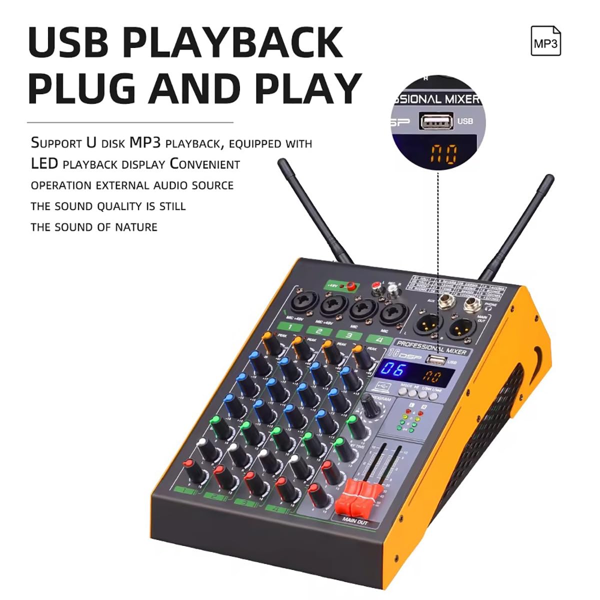 Consola de Mezcla de 4 Canales, Mezclador de Audio portátil Bluetooth, 16 Efectos DSP, Entrada USB/MP3, con 2 micrófono inalámbrico de frecuencia Ajustable para Estudio