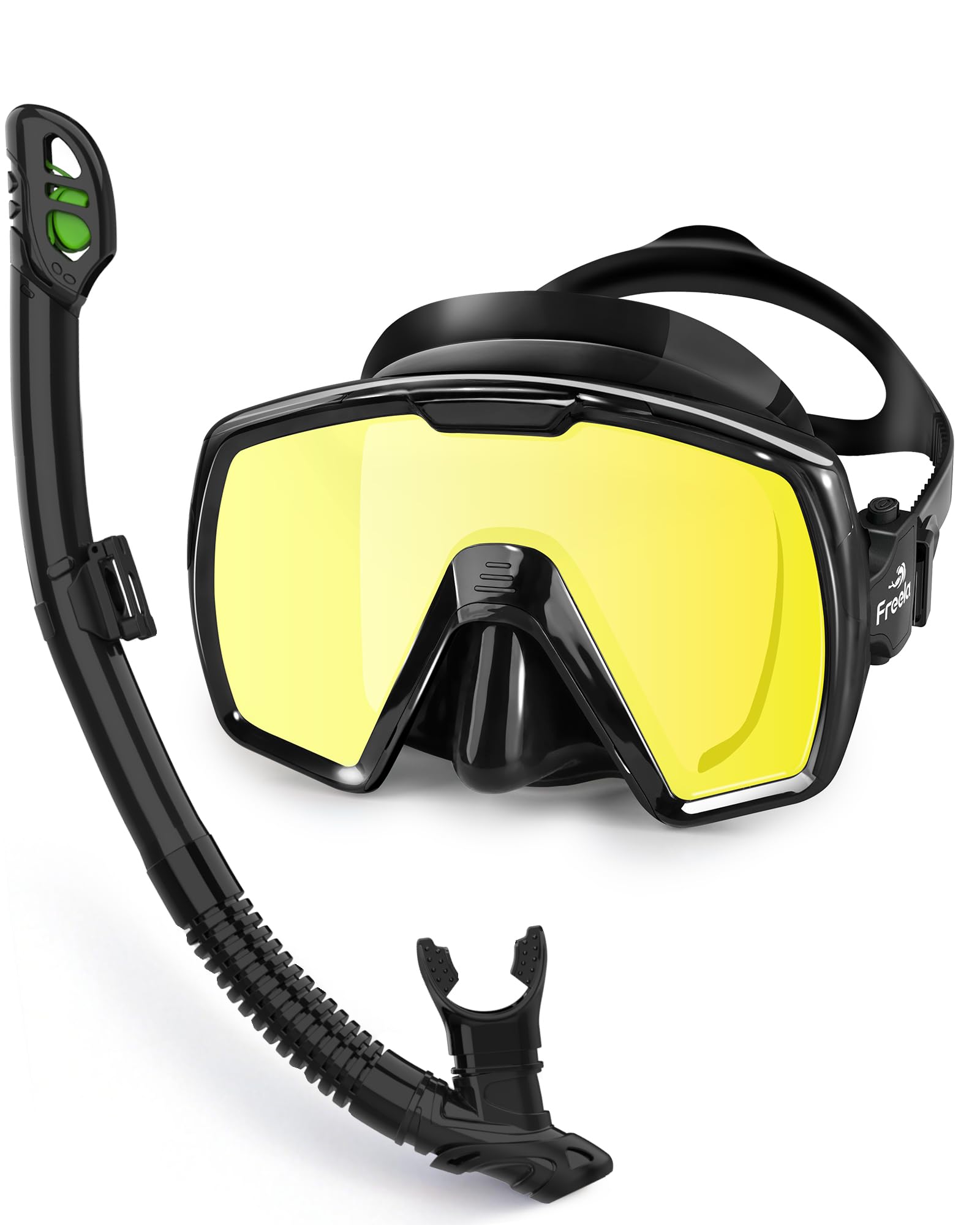Freela Snorkel Set for Adults, Dry Snorkel Mask with Nose Cover, Mirrored Gold Lens, Tempered Glass, 180° View, Anti-Fog Leak-Proof Snorkel Equipment for Men, Women