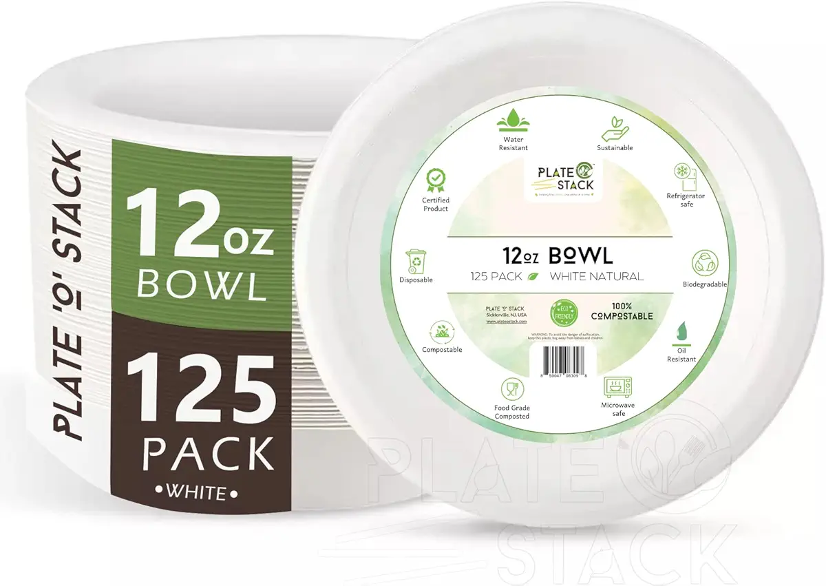 100% Compostable 12 Oz. Paper Bowls 125 Pack Heavy-Duty Biodegradable White Bagasse Paper Bowls made of Natural sugarcane Fibers. Disposable 12 ounces Microwave Safe Paper Bowls For Hot or Cold Use