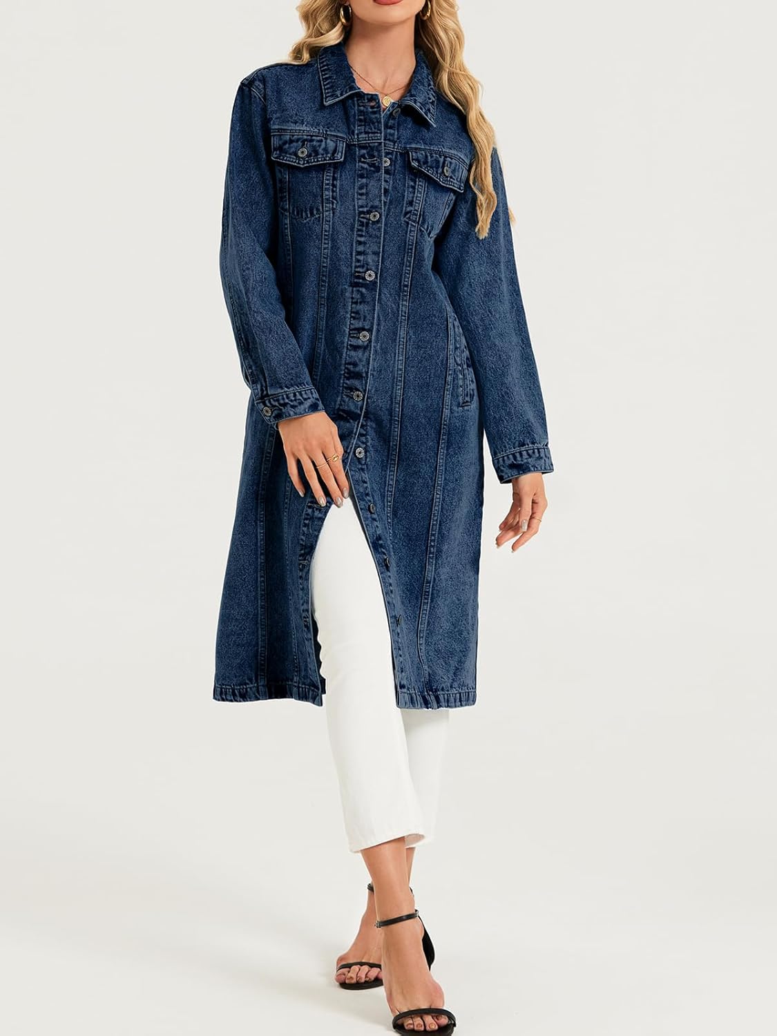 LifeShe Women Denim Jacket Button Down Maxi Long Jean Trench Coat With Pocket - Image 5
