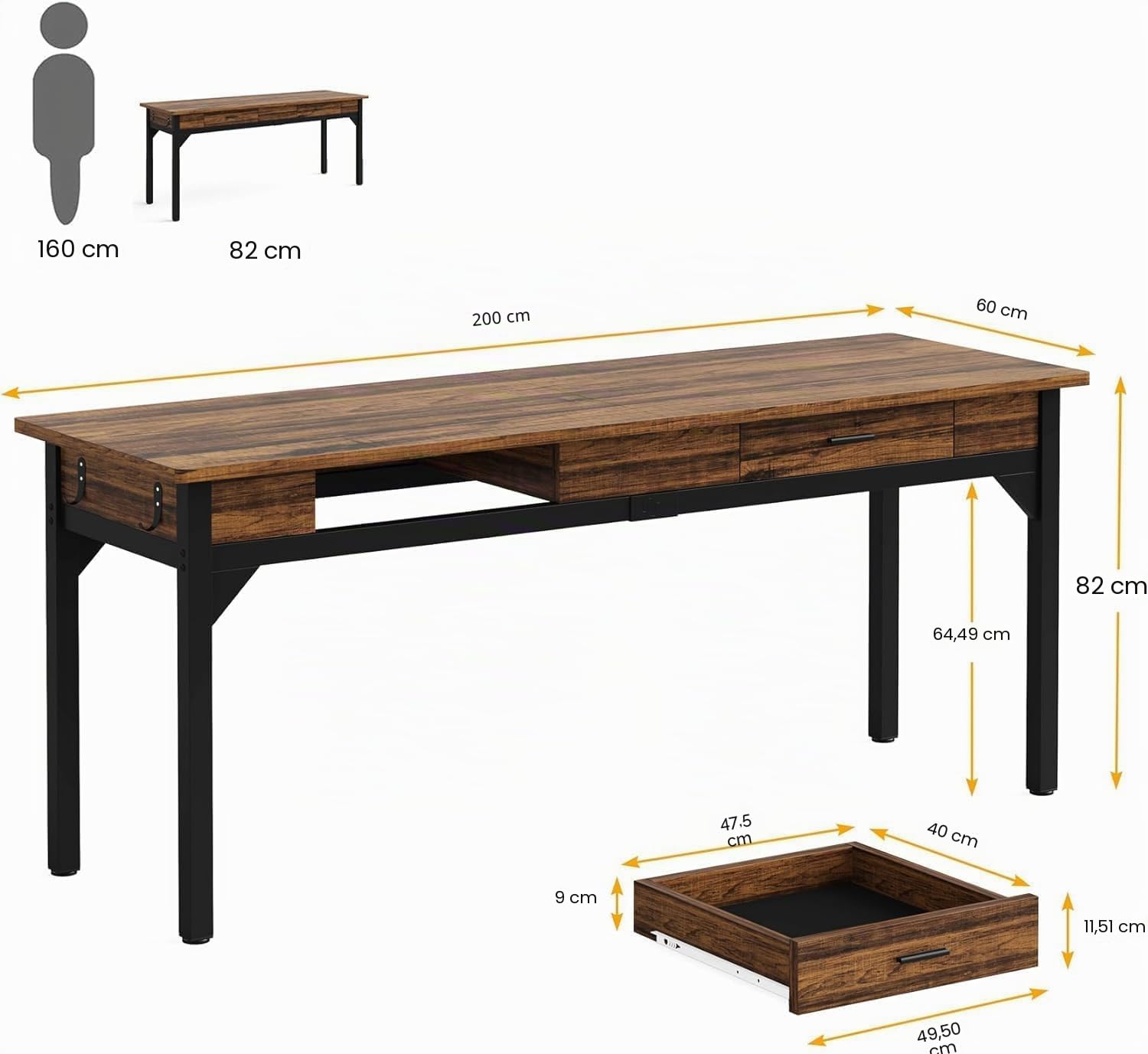 Lailang 200cm Escritorio de Computadora, Mesa Escritorio Grande, Mesa de Oficina despacho, Escritorio con Cajones, Mesa con cajones Madera, Escritorio 2 Metros, 200 x 60 x 82 cm, Marrón Rústico