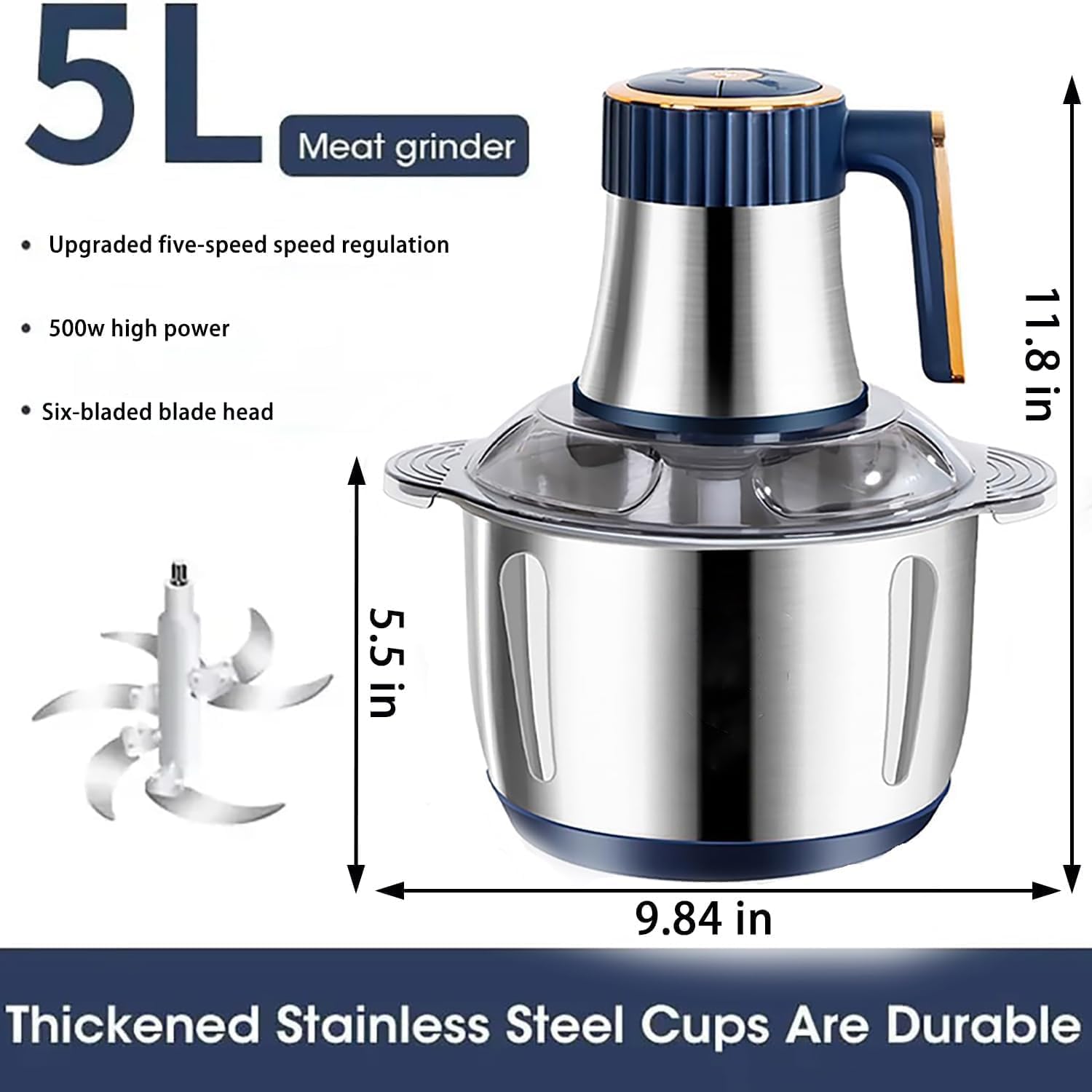 5L Electric Meat Grinder, Stainless Steel Dough Machine, 500w Strong Food Processing Machine, 5-Speed Mode, Used For Dough Stirring, Onion, Meat, Nuts, Fruits, Garlic, Vegetables,
