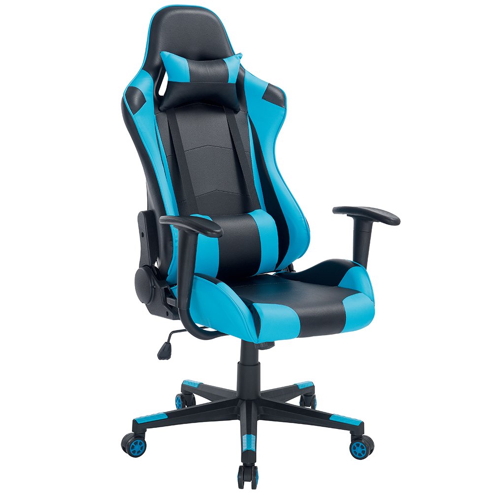 BAKAJI Sedia Poltrona Gaming Scrivana Ufficio Casa in Ecopelle Schienale Reclinabile Cuscino Lombare Poggiatesta Rotazione 360 gradi Direzionale Altezza Regolabile 5 Ruote (Blue)
