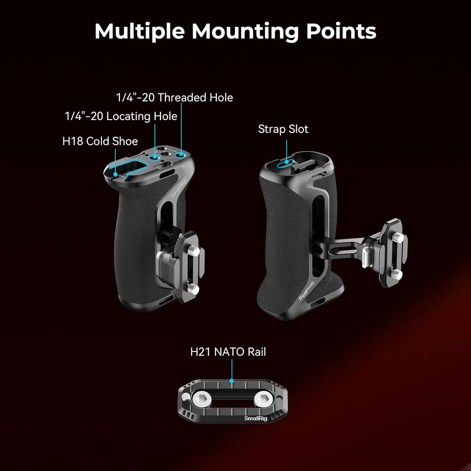 SMALLRIG NATO Side Handle with NATO Rail, H21 HawkLock Quick Release, for Left or Right Hand, 36mm/1.4in Up and Down Adjustable, Ergonomic Handgrip with Built-in Cold Shoe, 1/4"-20 Threaded Holes - Image 6