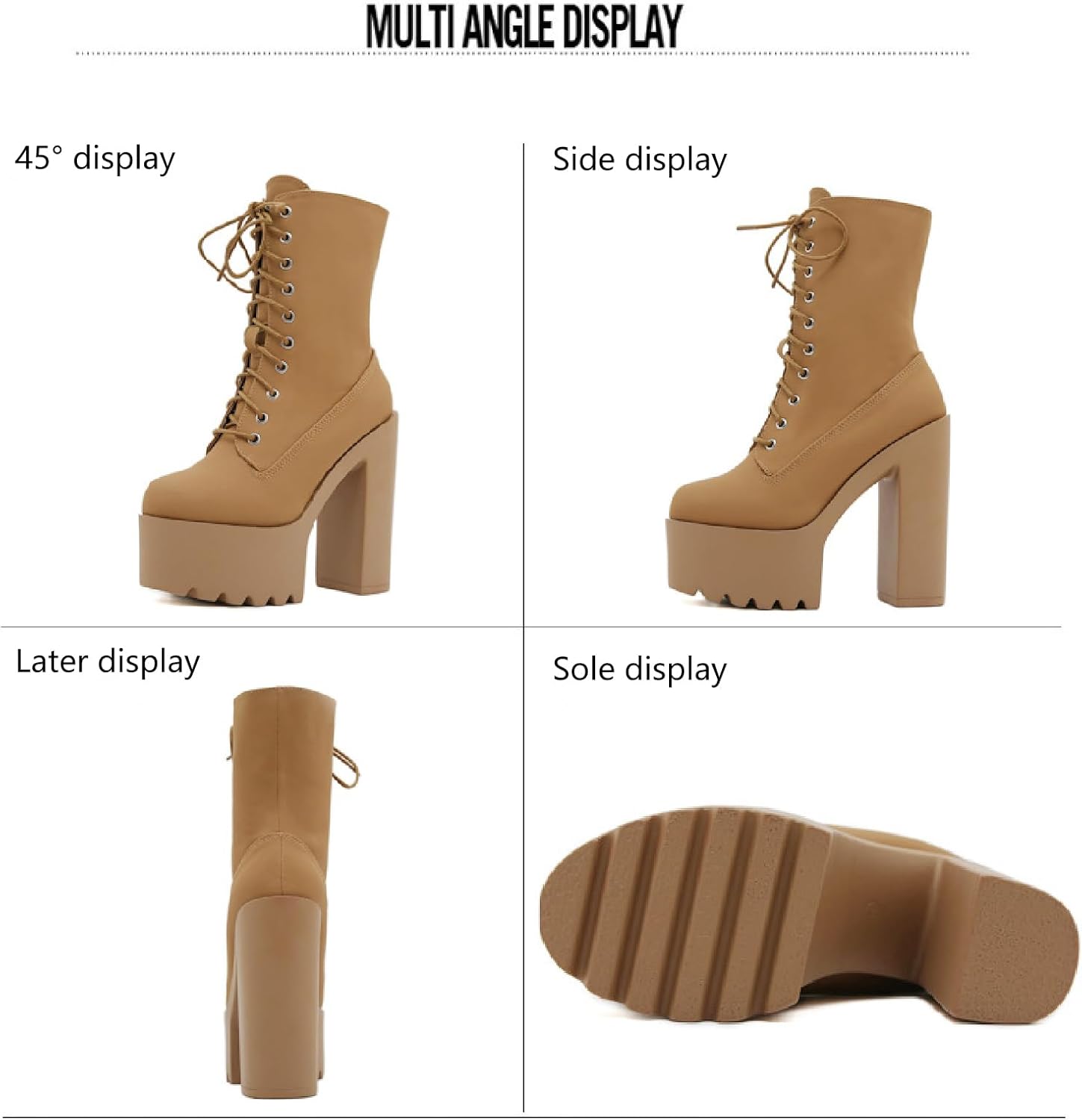 Women's Leather Platform Chunky High Heel Mid Calf Boots Warm Fur Lined Comfortable Round Toe Lug Sole Block Heel Lace Up Combat Boots Winter Fashion Party Increase Boots