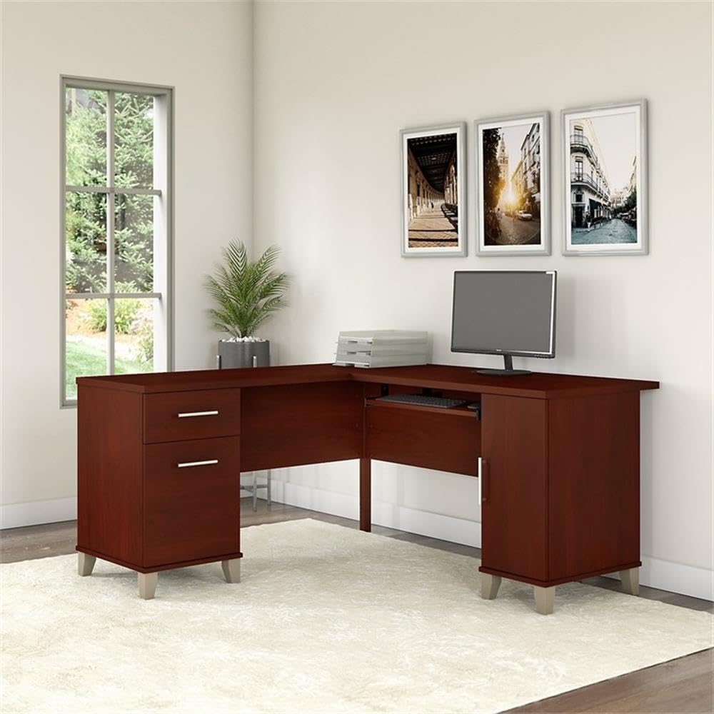 BOWERY HILL 60" L-Shaped Wood Desk, Hansen Cherry Finish, Pullout Keyboard Tray, Vertical Storage Cabinet, File Drawer, Wire Management, Home Office Desk with Finished Back