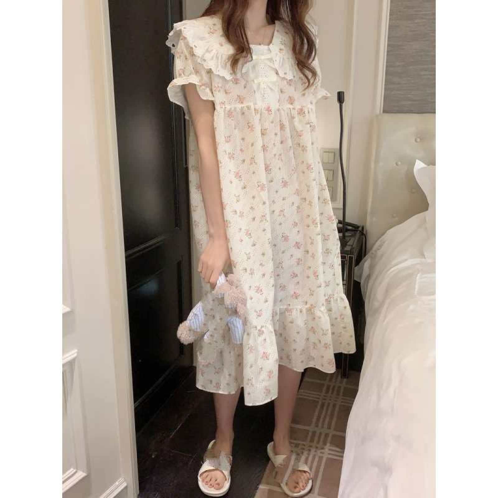Kleines, Frisches Nachthemd-Pyjama Für Damen – Sommer, Süßer Blumendruck, Dünnes Maix-Kleid, Mädchen-Nachtwäsche, Homewear-Set Im Prinzessinnen-Stil, Modisches Kurzarm-Rüschen-Design, Langer