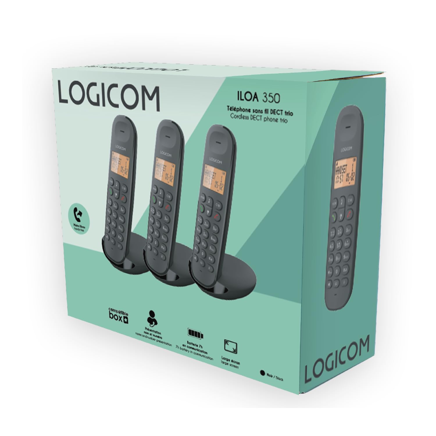 Logicom ILOA 350 Téléphone Fixe sans Fil sans Répondeur - Trio - Téléphones analogiques et dect - Noir