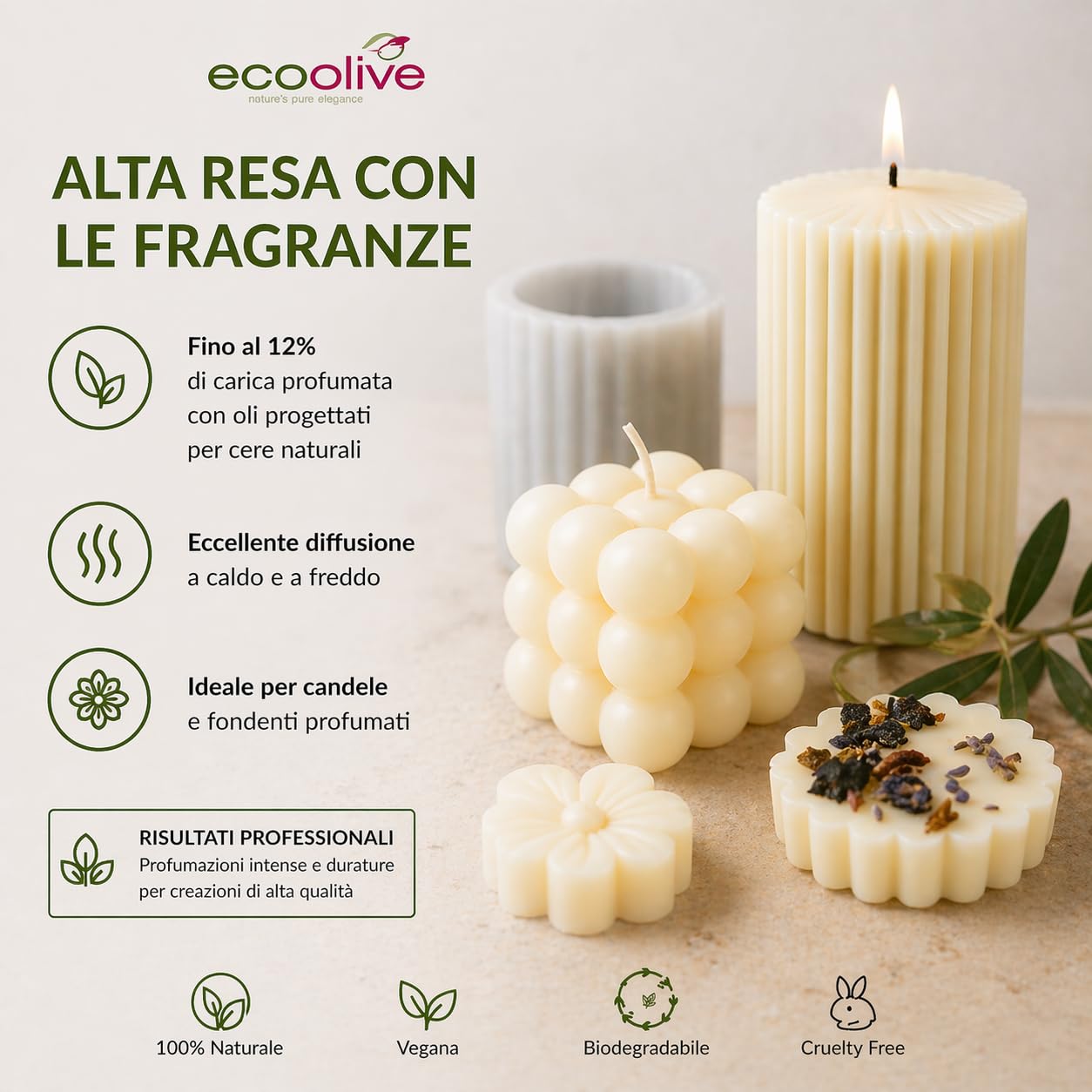 Generico Cera d’Oliva per Candele Eco Olive Pillar Blend – 100% Vegetale – Ideale per Candele in Stampo e Wax Melts – Alta Diffusione Fragranza – Vegan, Senza Paraffina – 1KG