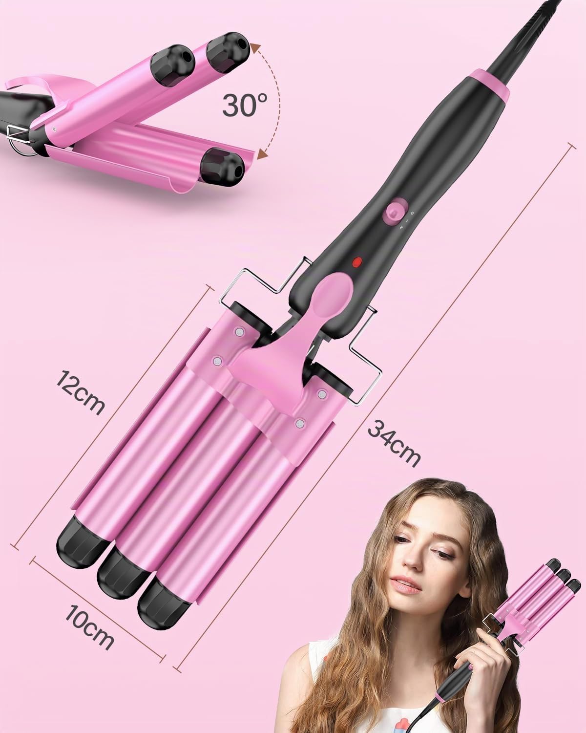 Ferro Arricciacapelli Grandi 3 Botti, Piastra Onde per Capellif-Piastra Capelli Onde, Bigodini da Spiaggia Waves, Ferro Capelli 2 Temps Livelli Onde Capelli Riscaldamento Rapido con Guanto, Rosa