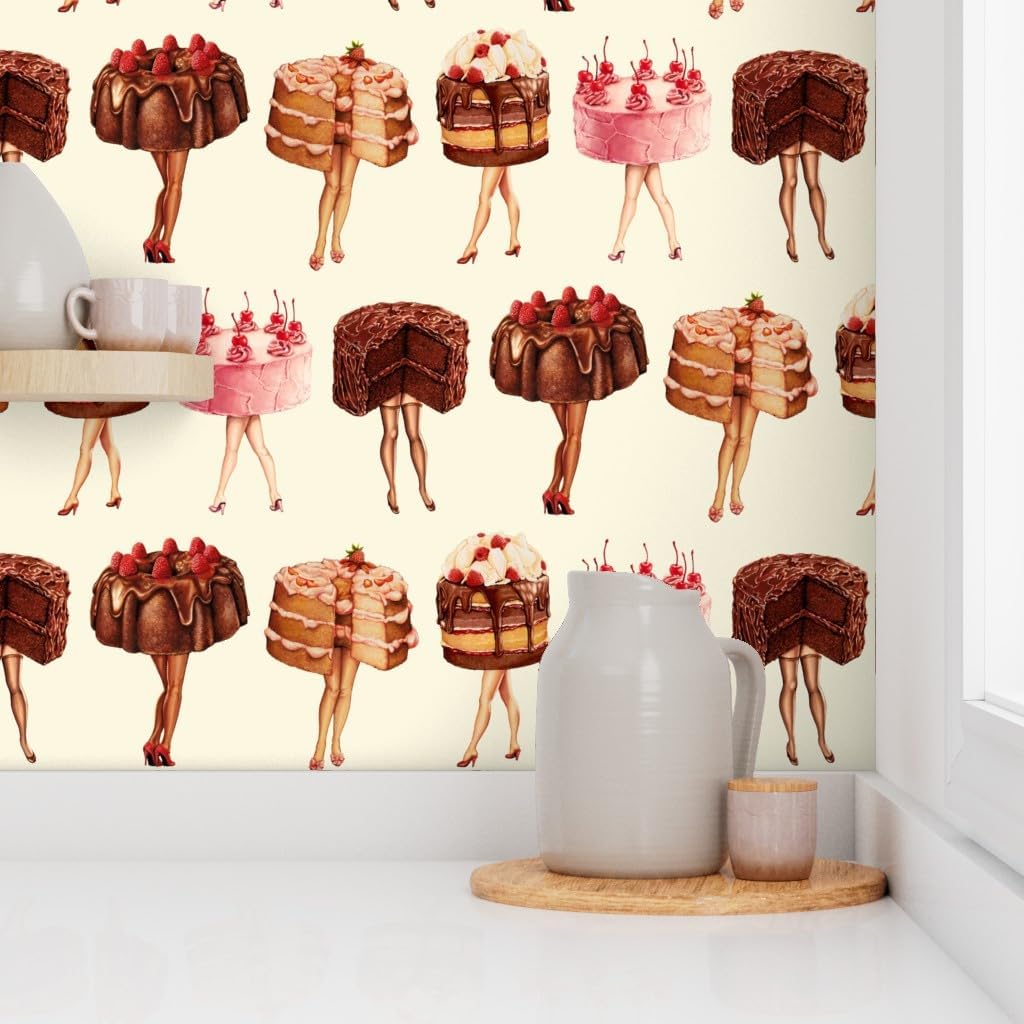 Spoonflower Peel & Stick Wallpaper Swatch - Cake Food Baking Bakery Vintage Women Retro Custom Removable Wallpaper