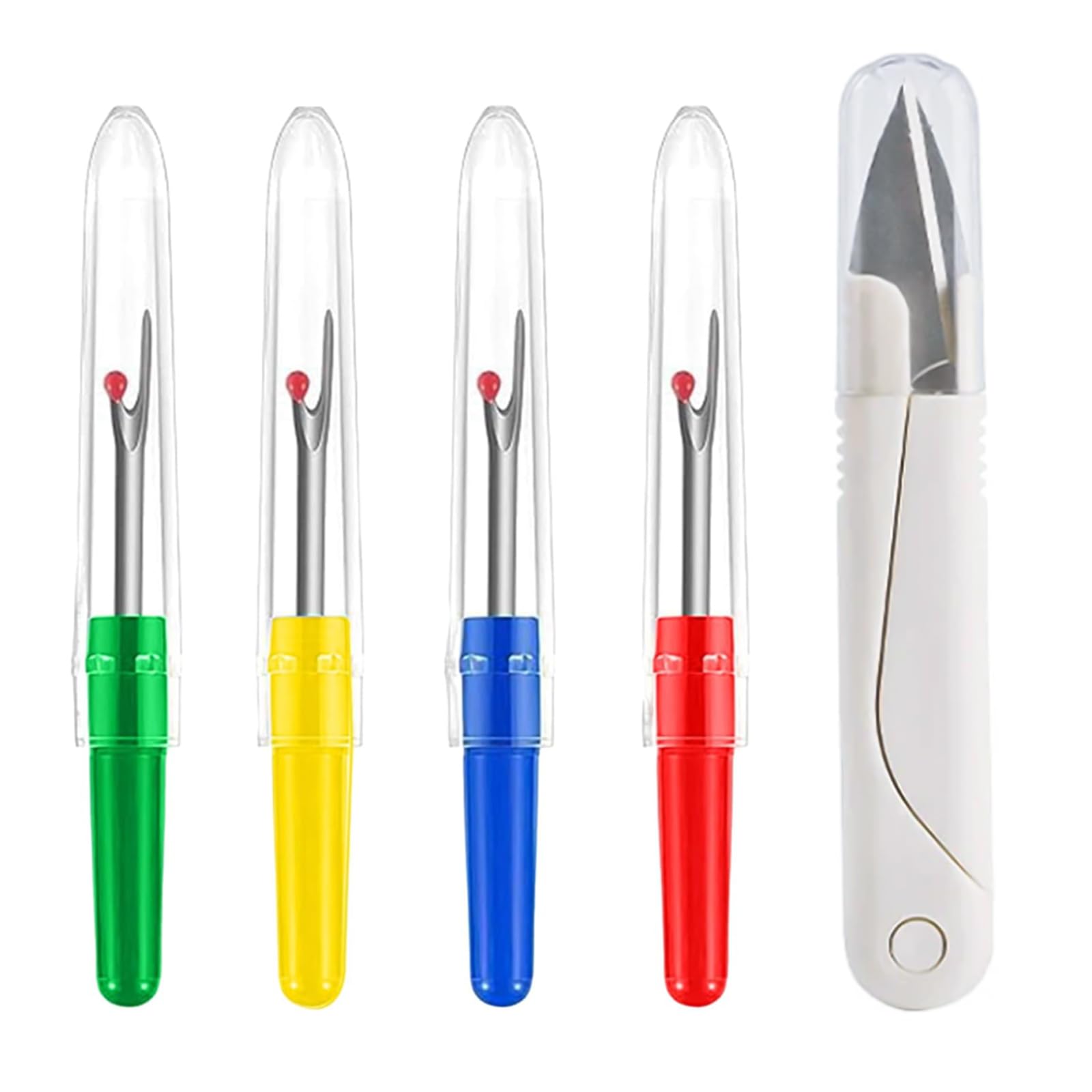 Ethlomoer Red Yellow Blue Green White Quick Stitch Sewing Tool Set With Seam Ripper, Hemline Unpicker, And Haberdashery Scissors - 4Pcs + 1, Ideal For Quick Unpick Of Seams, Pockets And Hems (Red, Yellow, Blue, Green)