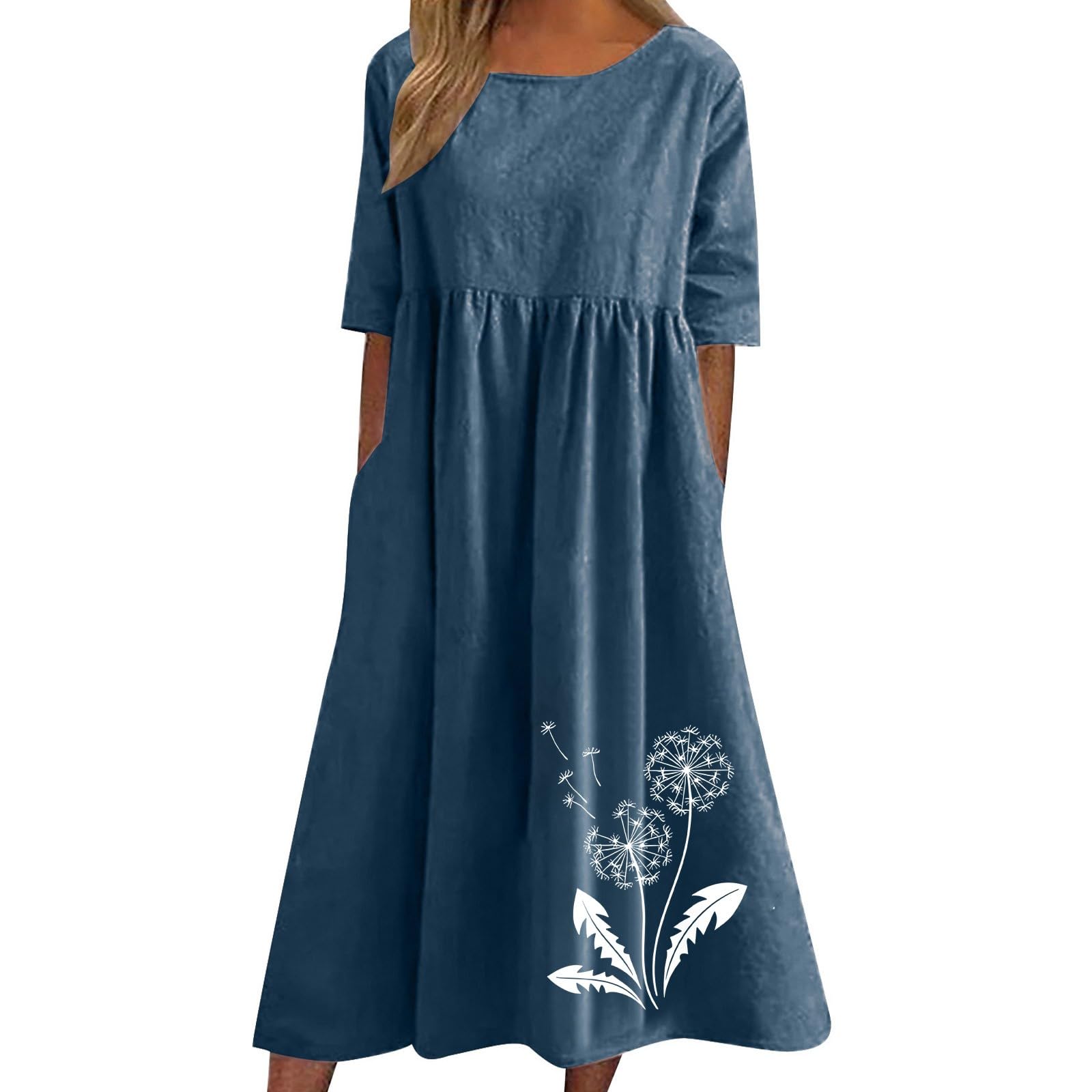 NUSGEAR 2024 Vestidos Largo Mujer Algodón y Lino Vestido Verano Basico Casual Vestidos Cuello Redondo Vestidos Estampado Elegante Vestido Manga Corta Vestido Cómodo Playa Vacaciones Talla Grande