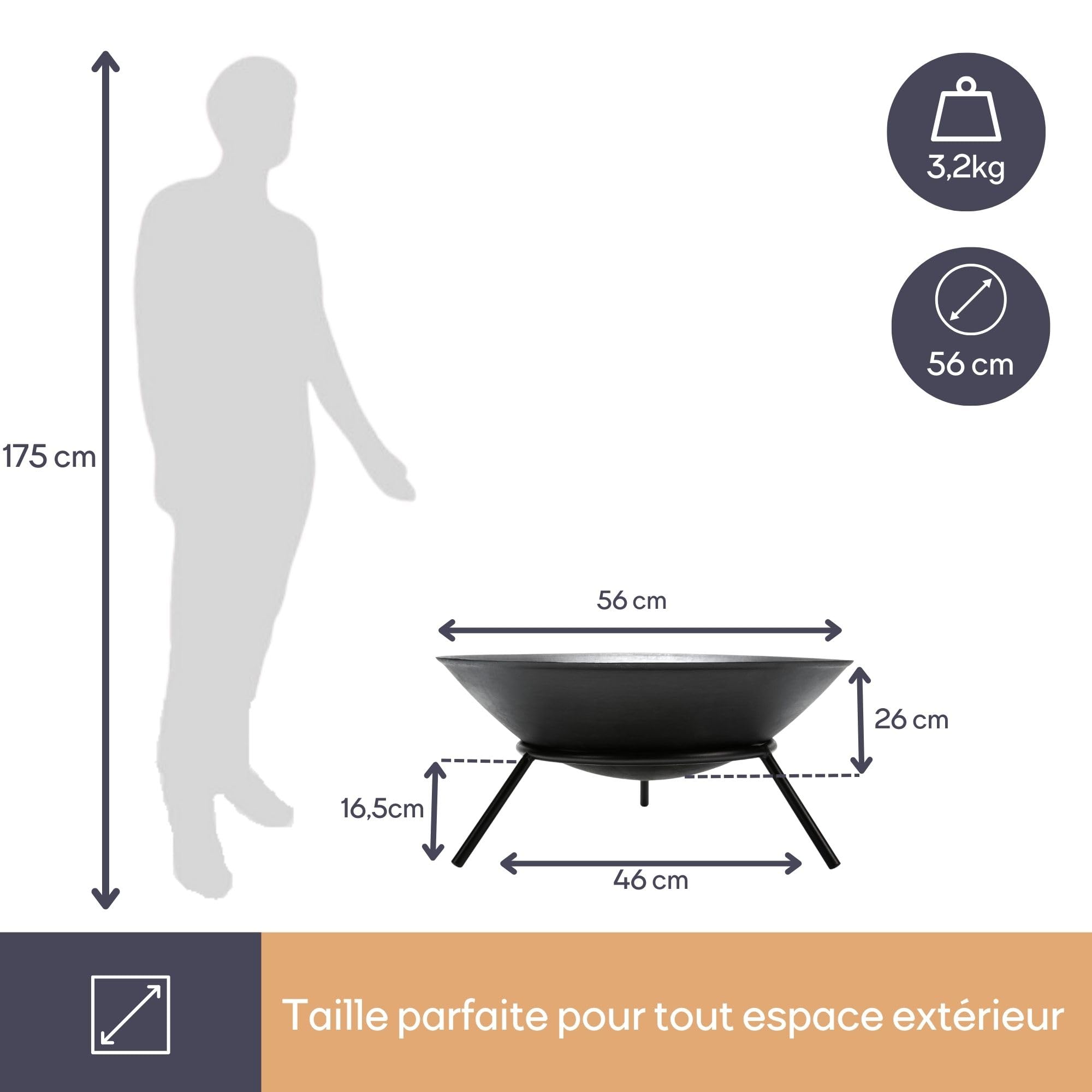 Perel Brasero, avec Support, 3 Pieds, Rond, 26 x Ø 56 cm, Fonte, Noir