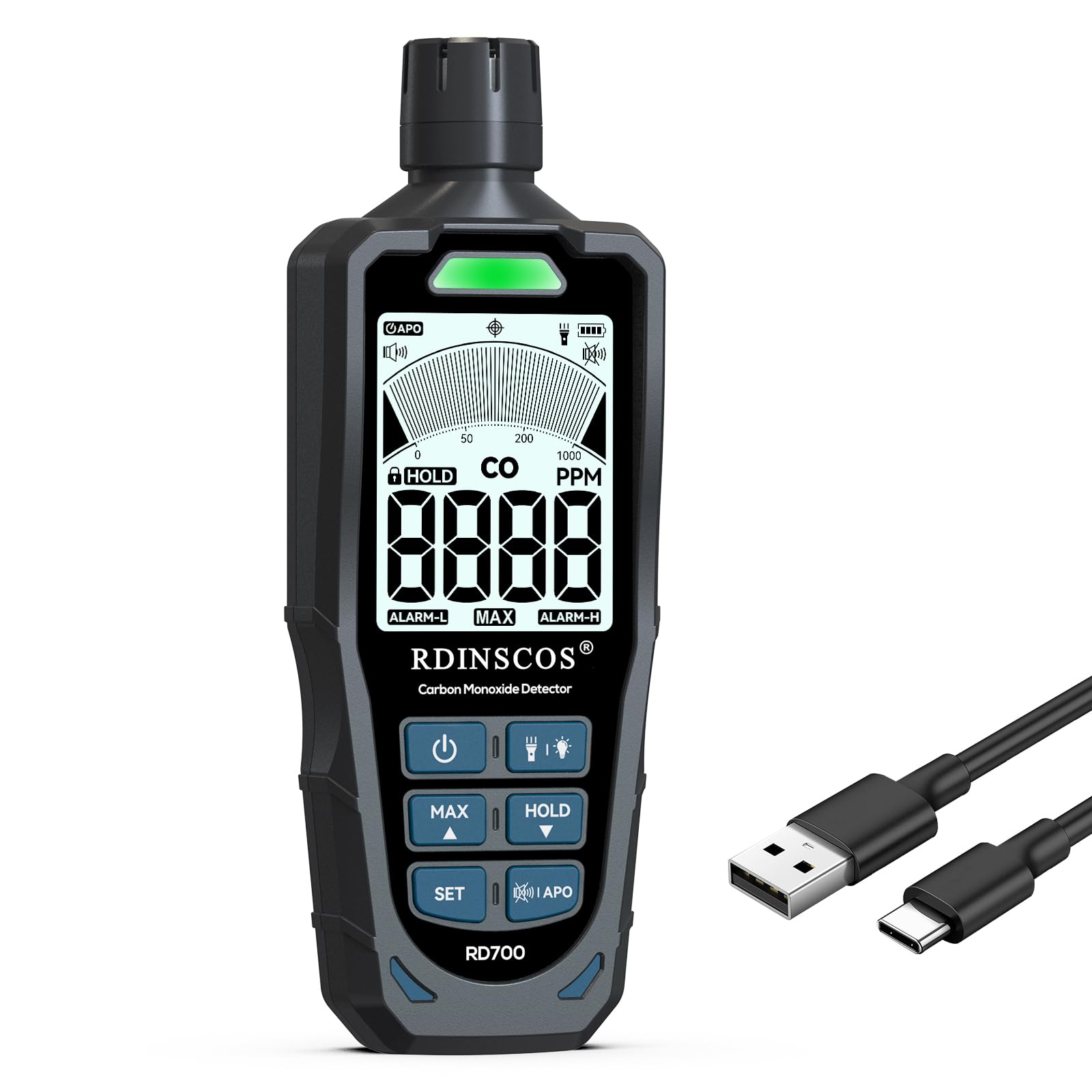 RDINSCOS Detector de Monóxido de Carbono,0-1000PPM Detector CO Portátil con Alarmas Sonoras y Luminosas Apto para Uso doméstico, en Garajes y para Mediciones al Aire Libre