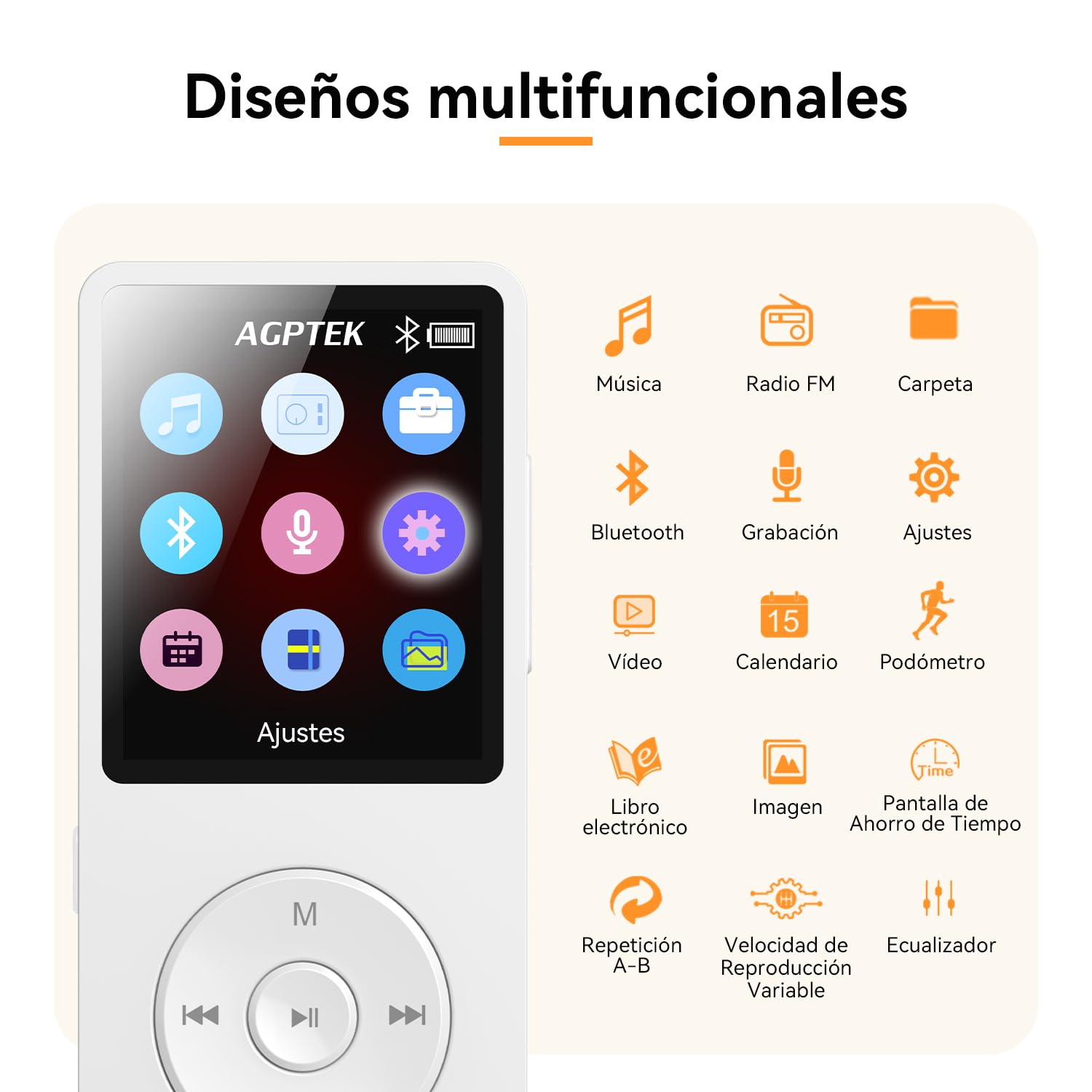 64GB Reproductor MP3 Bluetooth 5.3 con Caja, AGPTEK MP3 Player, Reproductor MP3 Deportivo Portátil, 1.8" Pantalla de 70H de Reproducción, MP3 de Niños Radio FM, Blanco
