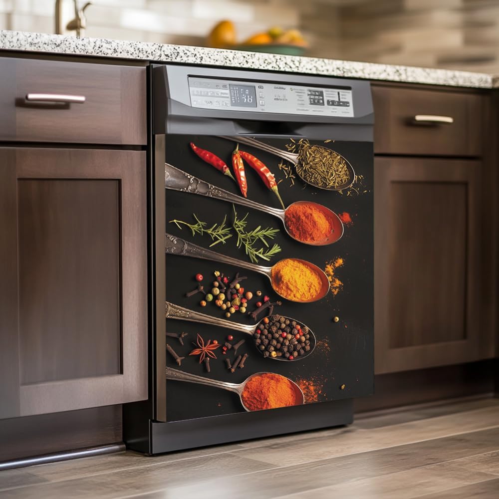 Colorful Cooking Herbs Spices Painting Dishwasher Cover Decorative Magnet Sticker for The Front Door Magnetic Panel Decals for Home Decor Appliance Kitchen Cabinets Decoration 23x26