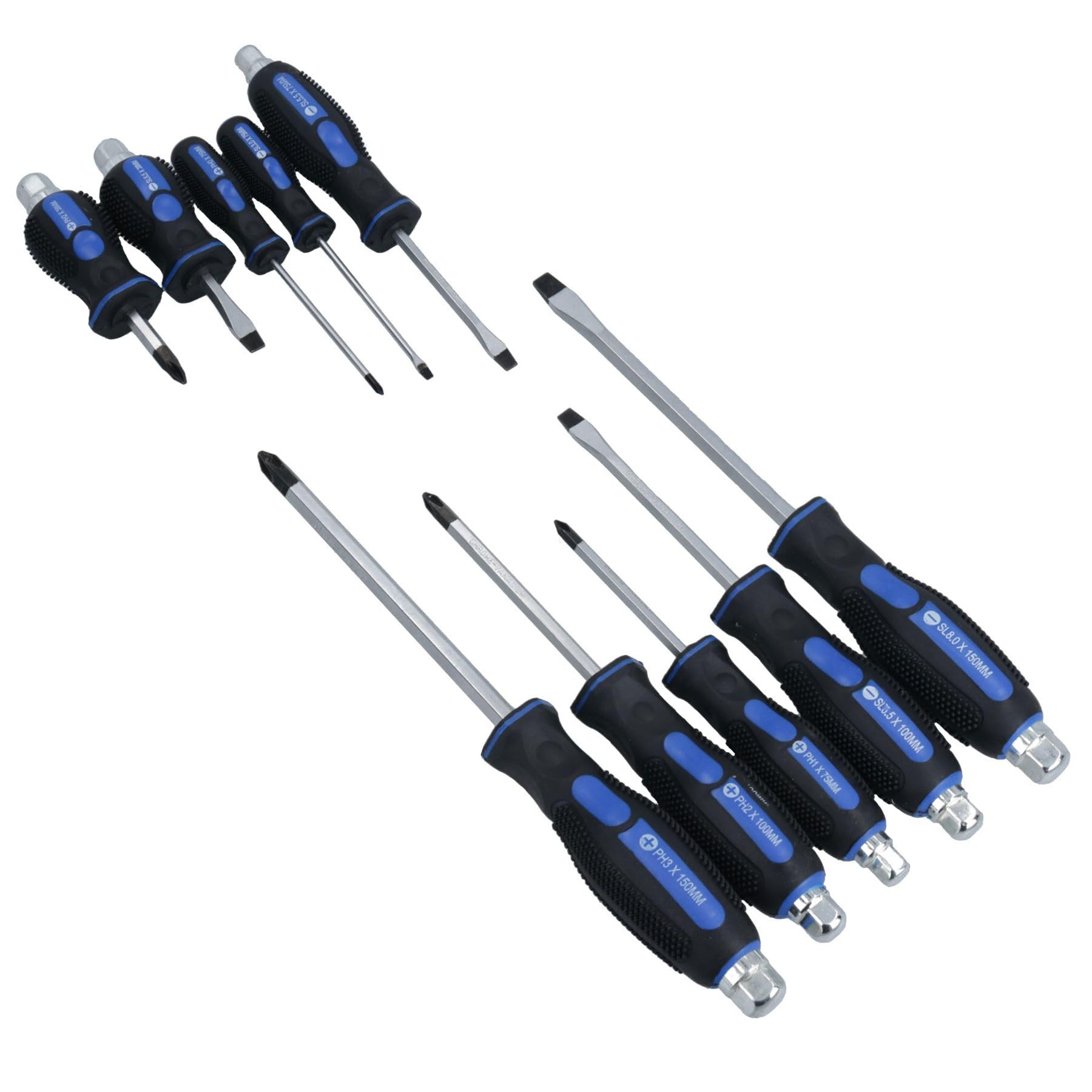 10pc Screwdriver Set Slotted Flat and Phillips Headed with Soft Grip Handles