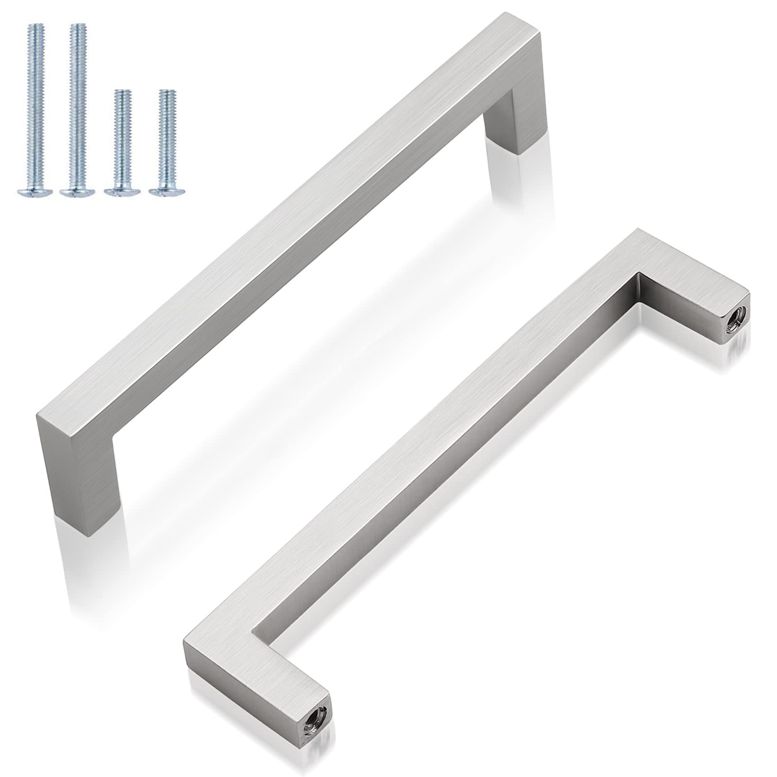 GOBEKOR 10 Pack Solid Cabinet Handles Brushed Nickel Kitchen Cabinet Pulls 5 inch Hole Centers, Square Bar Drawer Pulls for Kitchen Cabinets