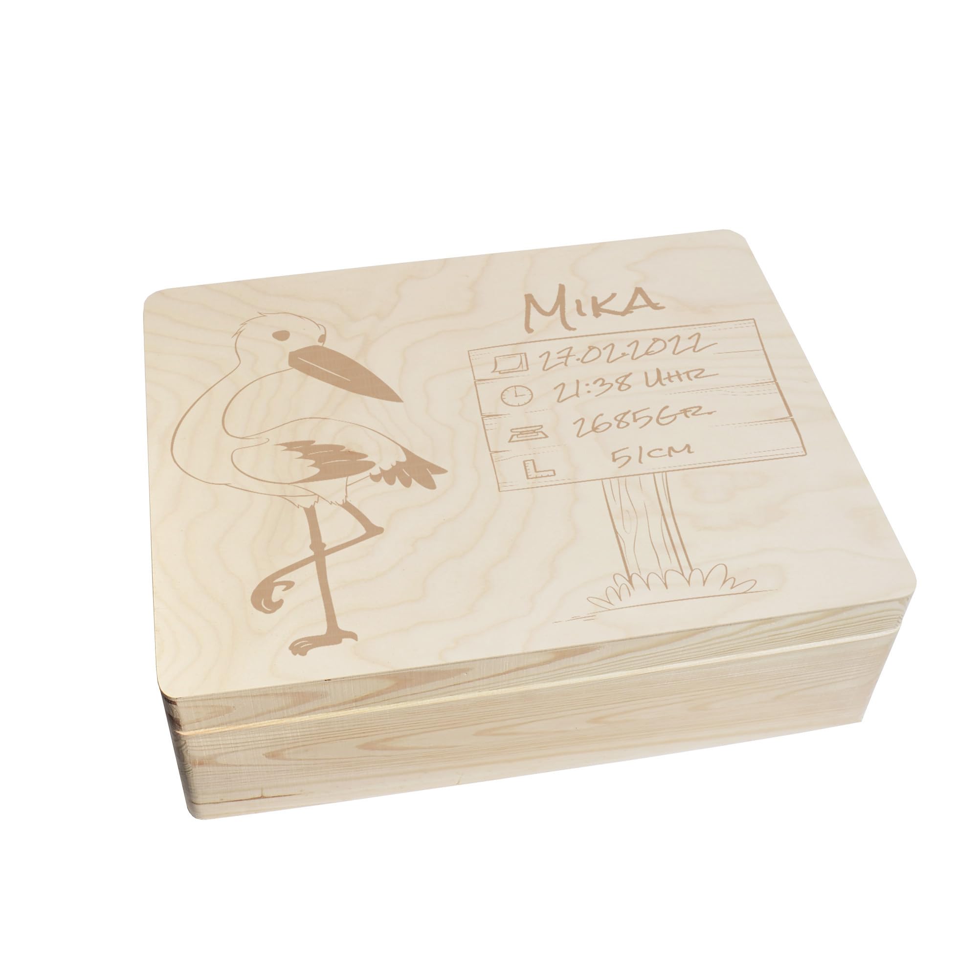 Scatola dei ricordi personalizzata per neonati e bambini con incisione cicogna – Scatola in legno per bei ricordi – Scatola in legno 40 x 30 x 14 cm