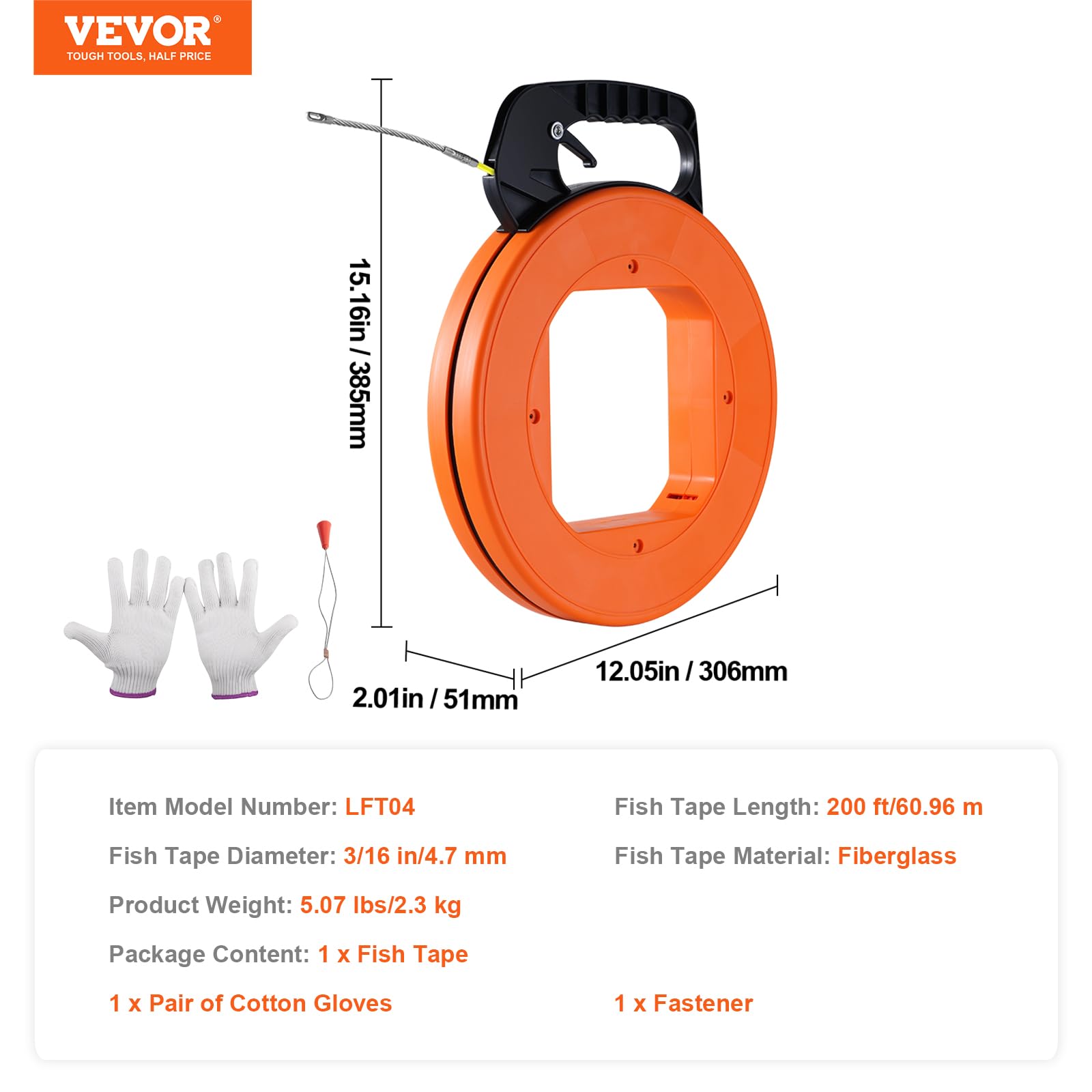 VEVOR Aiguille Électricien 60,96 m Tire Fils Électrique Fibre de Verre 4,7 mm avec Boîtier, Poignée, Facile à Utiliser, Outil Extraction Câble Flexible pour Murs, Conduits Électriques, Non Conducteur