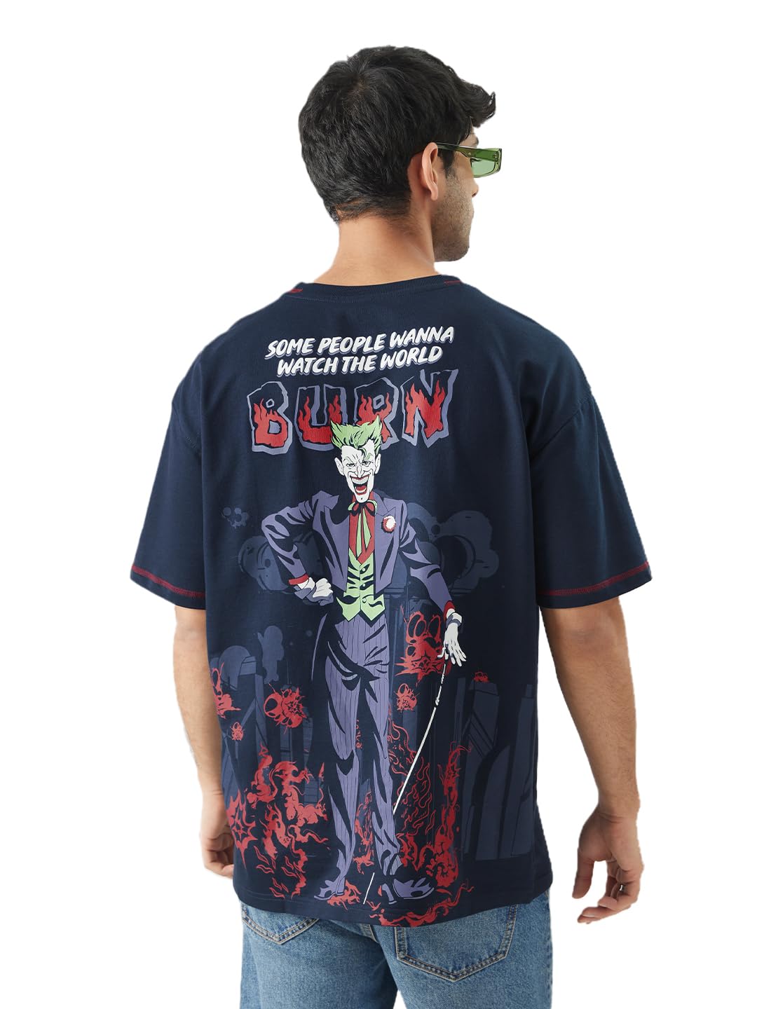 The Souled Store Official Joker: World Burns Men and Boys Short Sleeve Blue Cotton Oversize Fit T-Shirt