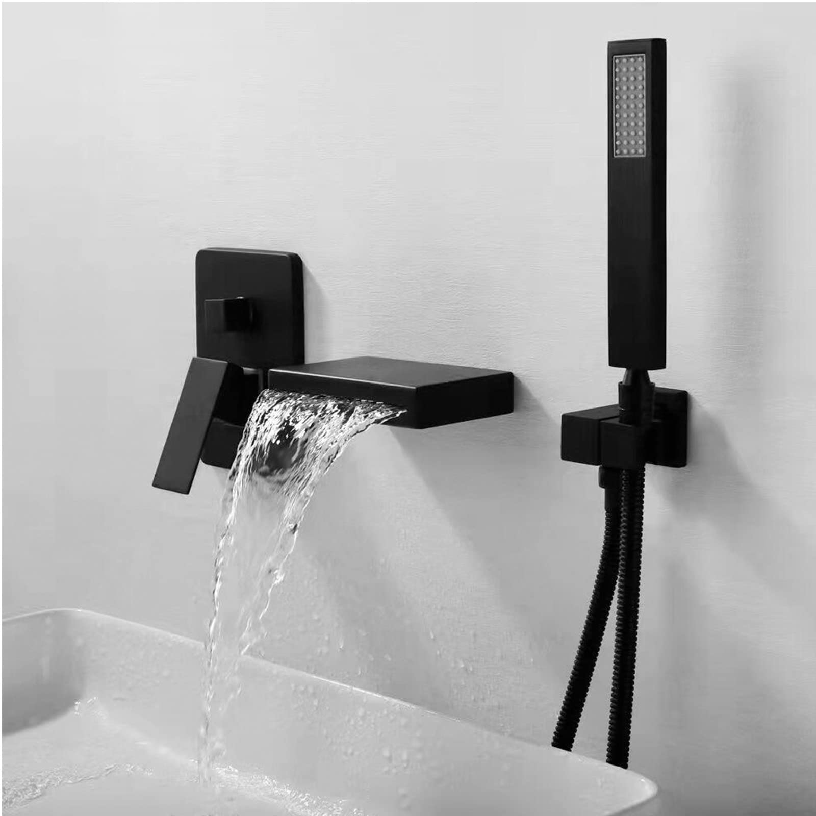 Grifo de bañera Grifo de baño en Cascada con Ducha de Mano Grifo Mezclador para bañera montado en la Pared Agua fría y Caliente Relleno de bañera en Cascada de latón,Negro