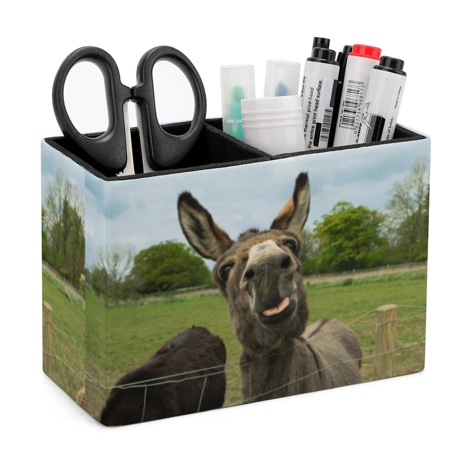 Niapessel Pencil Holder for Desk, Brown Furry Donkey Pen Holder Storage Desktop Pen Organizer Desk Pencil Organizer Makeup Brush Holder for Office School College Leather — image 1