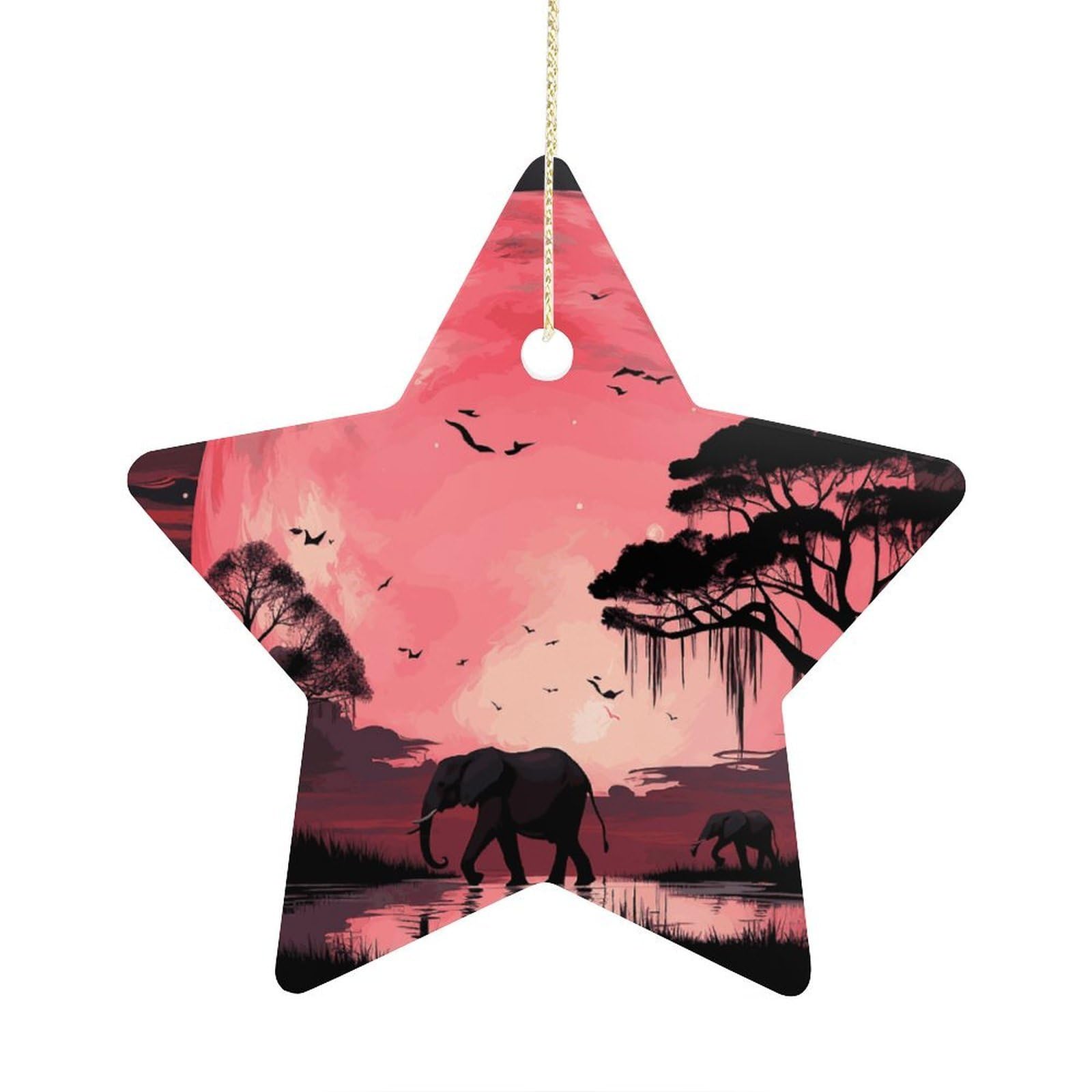 Pink Moon Elephant Stars Ornaments Ceramic Christmas Tree Hanging Light in Weight Christmas Star Pendants Funny Double-Sided Printed Xmas Ornaments for Gifts