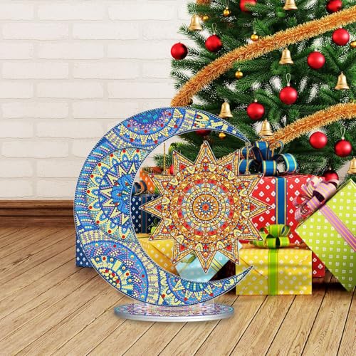 Image of AiYuanzsh Moon and Star Diamond Art Tabletop Ornament, Acrylic Double Sided Diamond Painting Desktop Kit, Mandala DIY Large Diamond Art Kits for Living Room Office Table Decor 26x29.5cm
