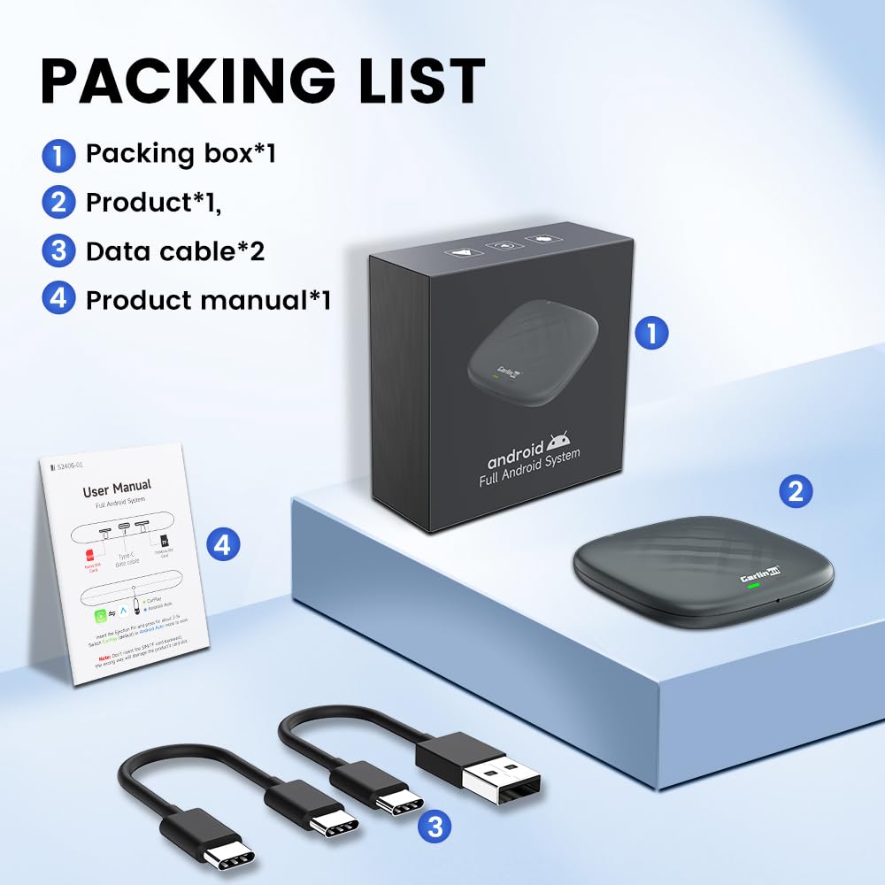 CarlinKit 2026 Adaptateur AiBox pour CarPlay et Android Auto sans Fil, pour Voitures avec CarPlay Filaire, système intégré 4+64GB Android 13.0 avec GPS, processeur Octa-Core