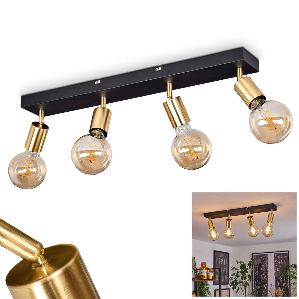Ceiling Light Tulla in Black & Gold Metal, Retro-Modern swivelling spotlights Fitting in Any Interior Design, for 4 x E27 max. 40 Watt Light Bulbs, Suitable LED Bulbs