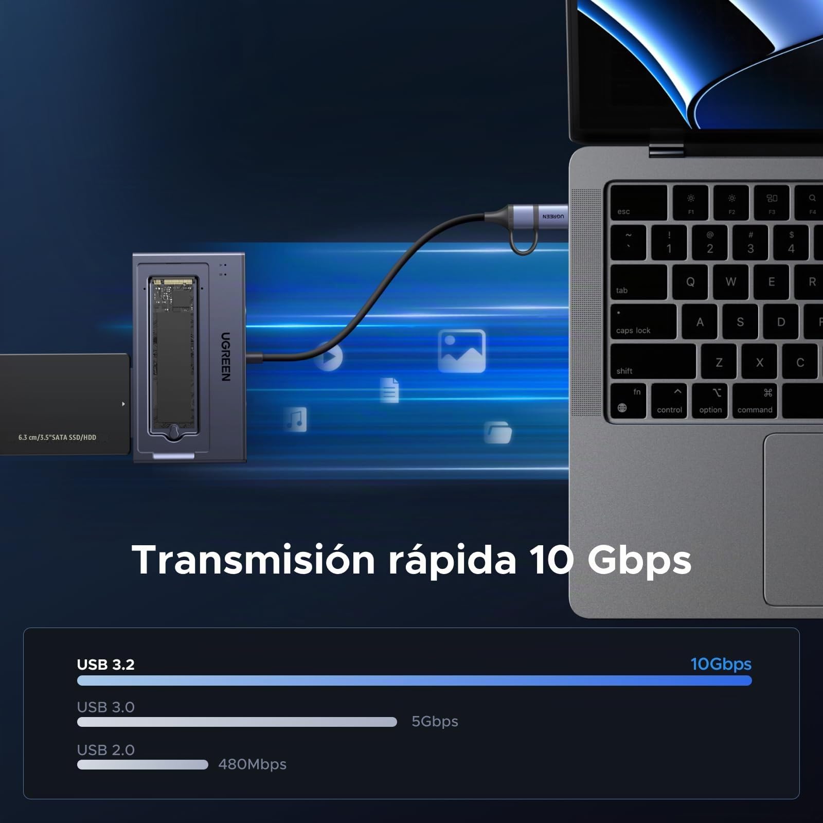 UGREEN Adaptador USB 3.2 de 10 Gbps M.2 NVMe y SATA | Compatible con SSD NVMe M.2 y HDD SSD SATA de 2,5"3,5" Base de Conexión para Disco Duro Sin Herramientas Windows MacOS Linux