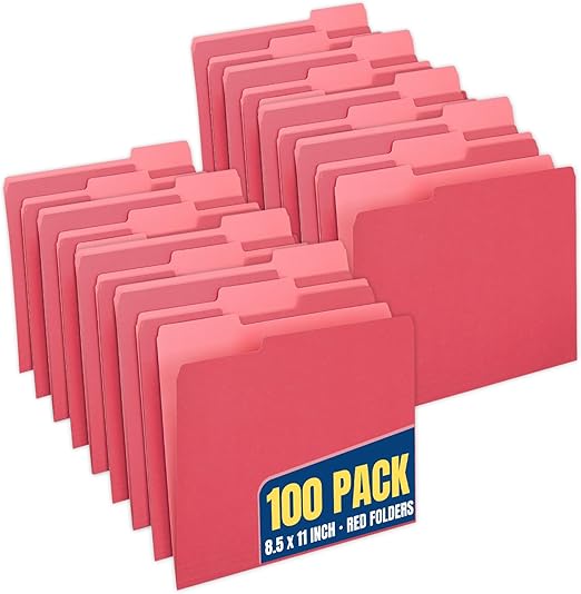 1InTheOffice Red File Folders Letter Size 1/3 Cut, Red Folders,100/Pack