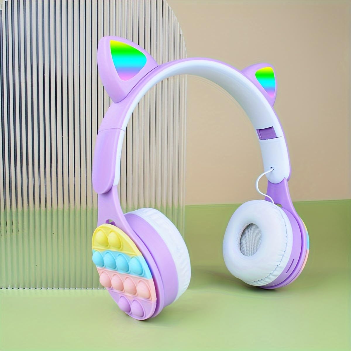 URIZONS Rainbow Pop-On-It Wireless Cat Ear Headphones with Led, Foldable TWS Glowing Cat Ears Stereo Headset Wireless Earphones Over-Ear Earbuds