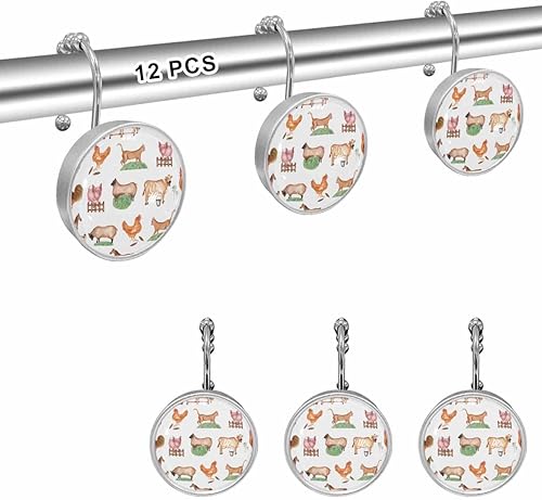 Miniatura 2 de Shower Curtain Hooks Set of 12 Farm Animal Pig Cock Sheep Country Style Crystal Glass Shower Curtain Rings for Bathroom Decorative Stainless Steel
