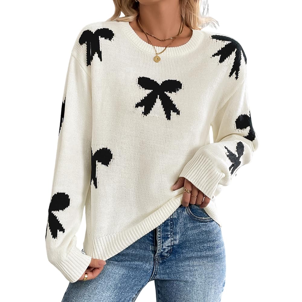 Melliflo Bow Knit Sweater for Women Fall Trendy Long Sleeve Crewneck Pullover Cute Loose Fit Dressy Casual Basic