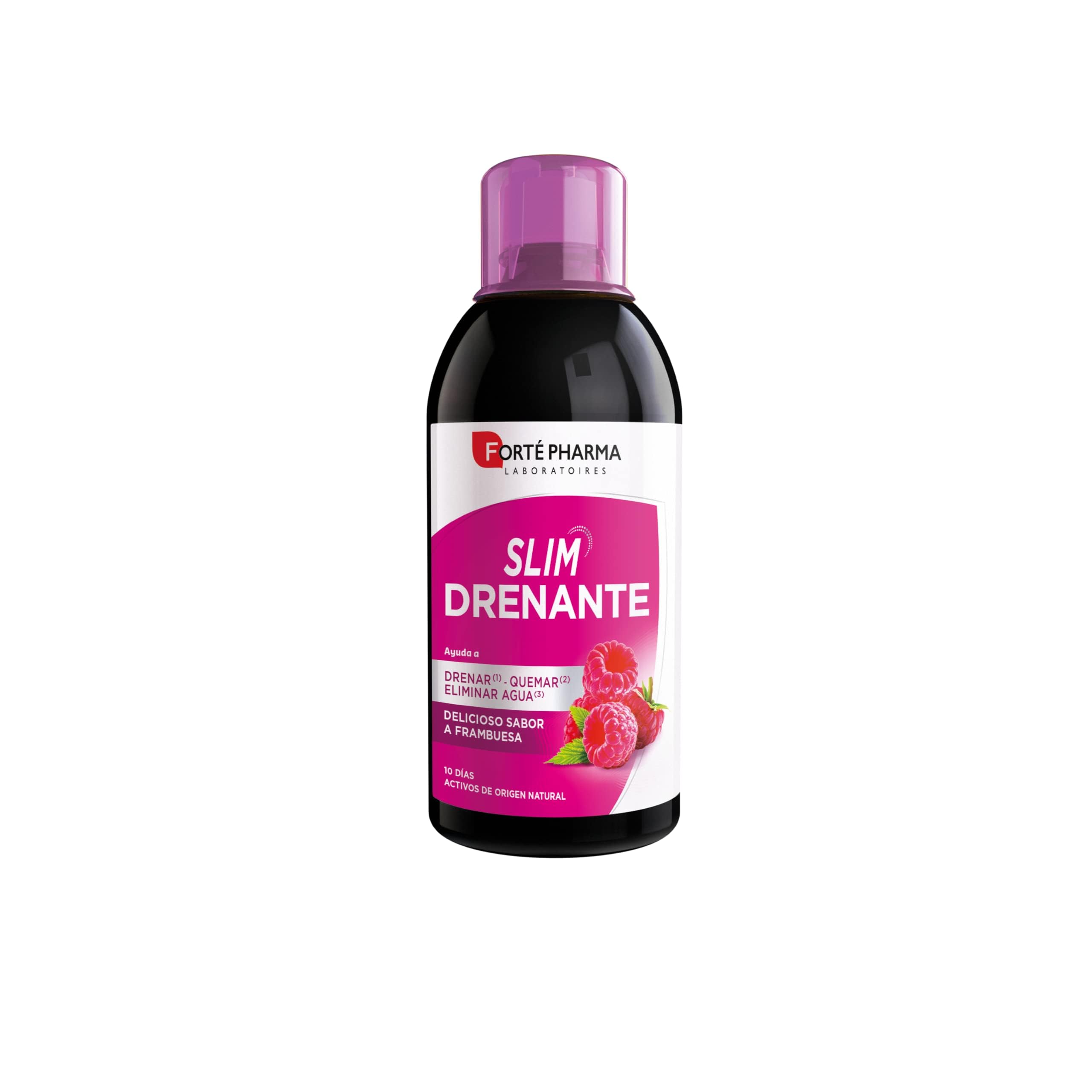 Slim drenante complemento alimenticio que asocia reina de los prados, hibiscos, rabillo de cereza, té verde y CactineaTM. Fitotrío de guayaba, alga aosa y ginseng completan la fórmula. Sabor frambuesa