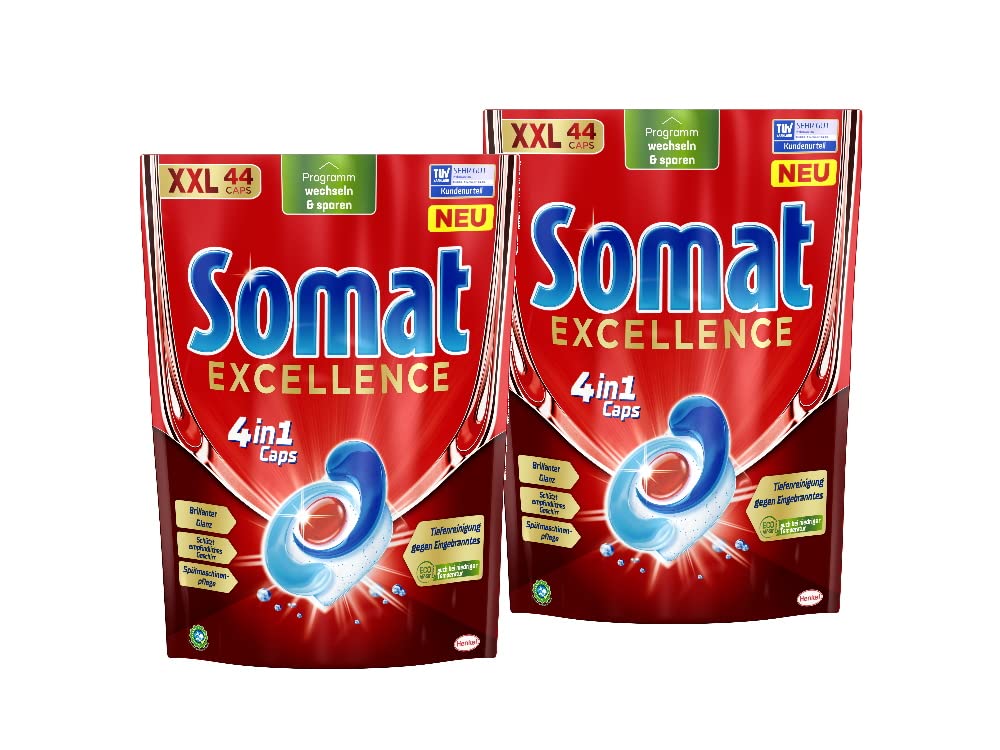 Somat Excellence 4in1 Caps (2x44 Caps), schnellauflösende Spülmaschinentabs, für exzellente Reinigung & Glanz sogar im Eco-Programm & bei niedrigen Temperaturen, 88 stück