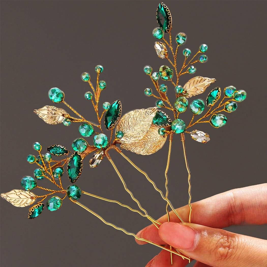 Latious Emerald Green Bride Wedding Rhinestones Hair Pins Gold Leaf Bridal Hair Pieces Crystal Hair Accessories for Women and Girls (Pack of 3) (Gold)