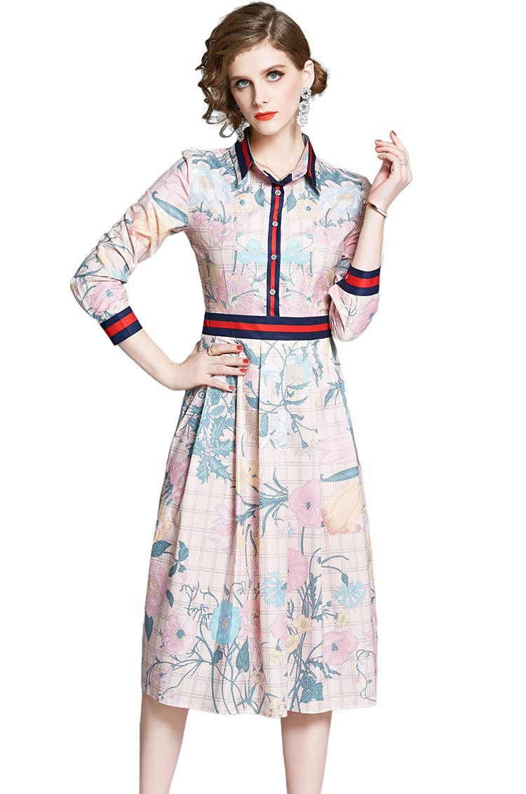 XINUO Women Dresses Star Floral Print Spring Long Sleeve Flowy Midi Casual Party Beach Summer Chiffon Knee Length Dress