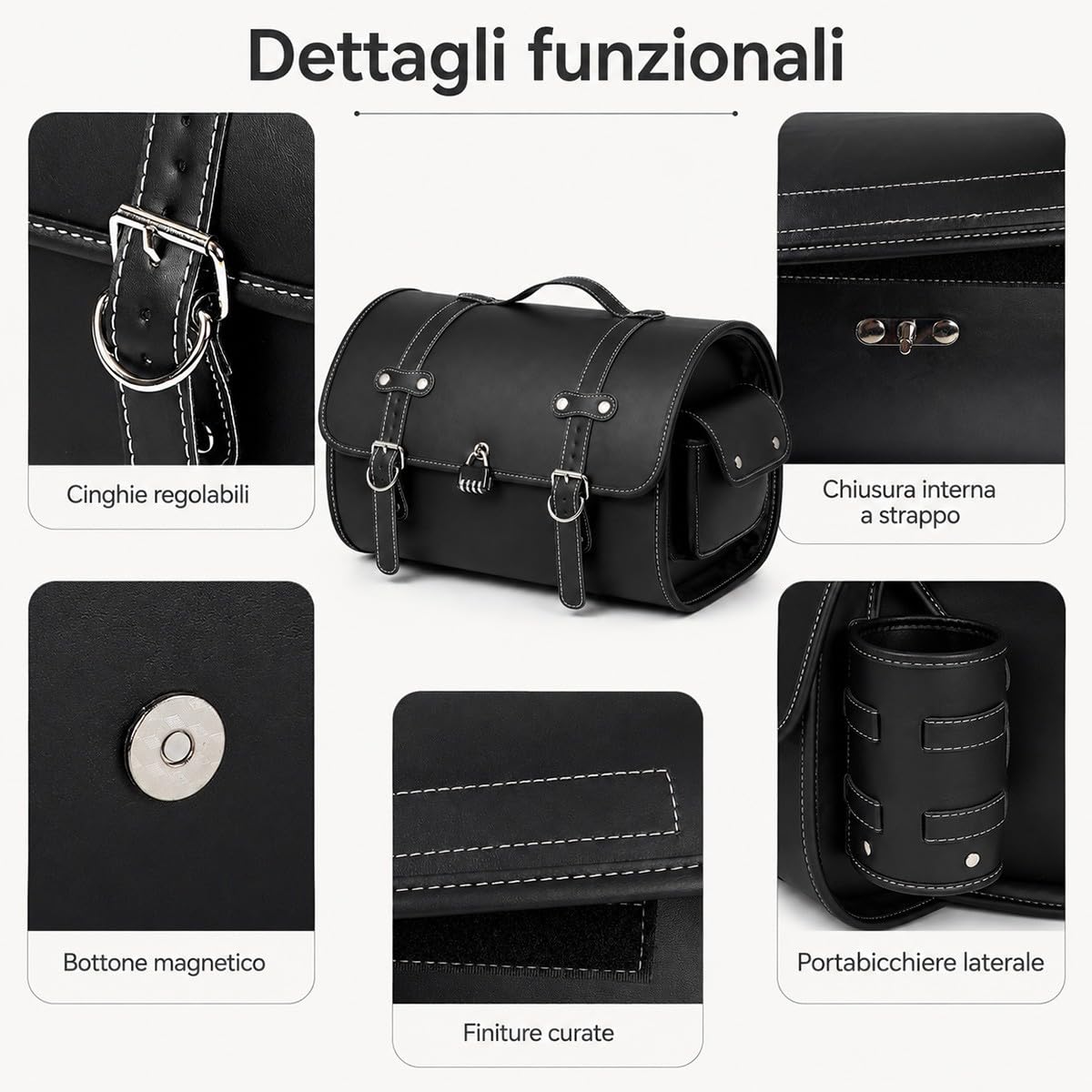 Baule Moto 45 L Nero Per Scooter, Box Posteriore Rigido Effetto Pelle Con Chiusure, Maniglia E Tasca Laterale, Forma Cilindrica, Per Casco, Guanti E Accessori Viaggio E Uso Urbano.