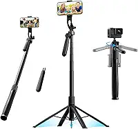 Basike Tripé para Celular 1,8m – Bastão de Selfie Dobrável Portátil com Controle Remoto, Rotação 360°, Base Quadrúpede Reforçada, Pau de Selfie com Parafuso 1/4' Compatível com Câmeras, GoPro e iPhone